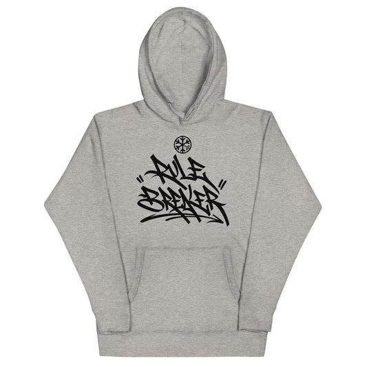 Carbon Grey-Rule Breaker Graffiti Tag Hoodie from B.Different Clothing, front view, graffiti-inspired streetwear