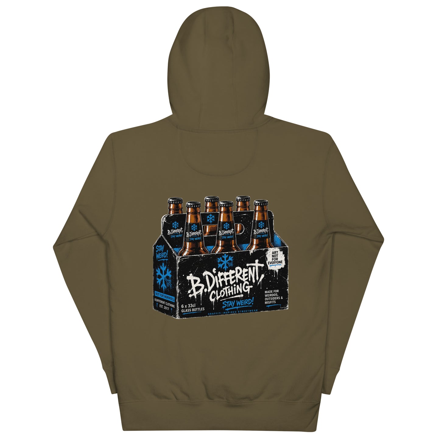 Army Green-Six Pack Beer Graffiti Hoodie from B.Different Clothing, back view, graffiti-inspired streetwear