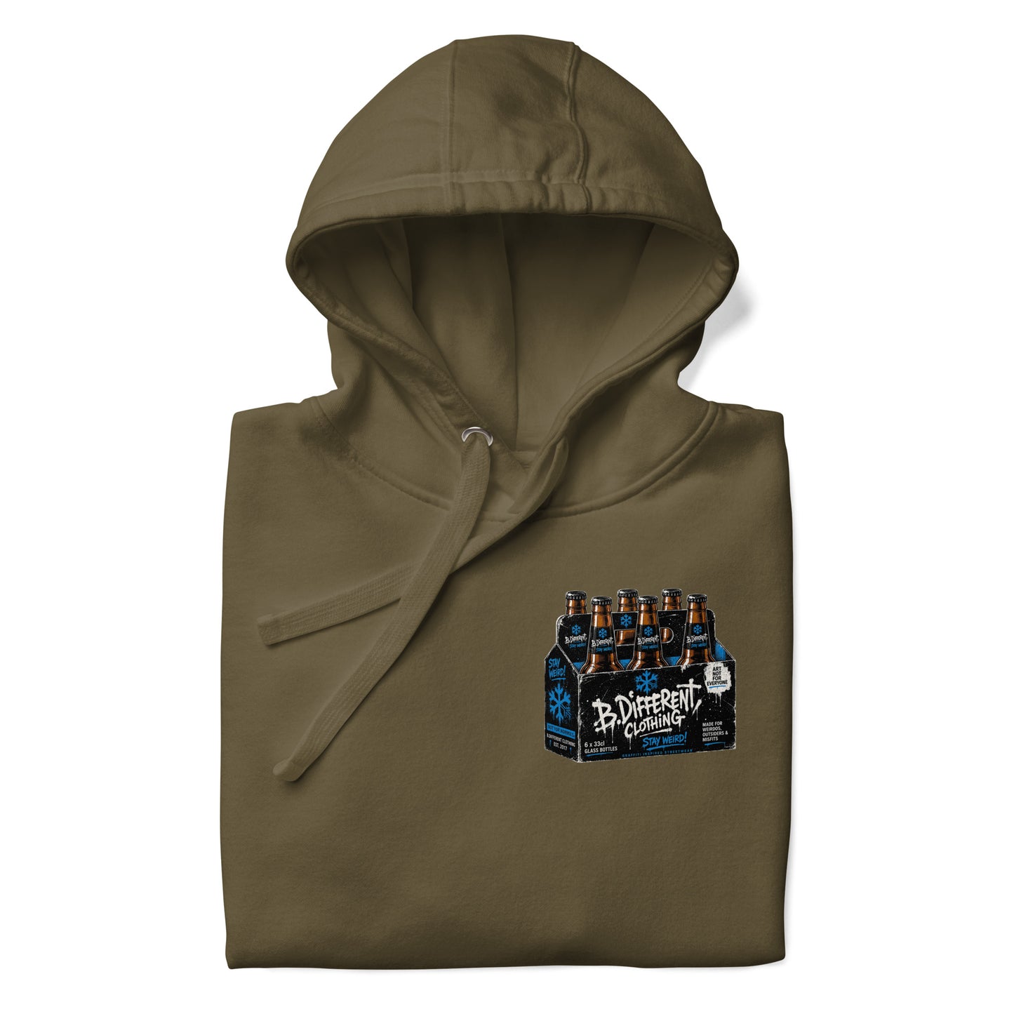 Army Green-Six Pack Beer Graffiti Hoodie from B.Different Clothing, folded, graffiti-inspired streetwear