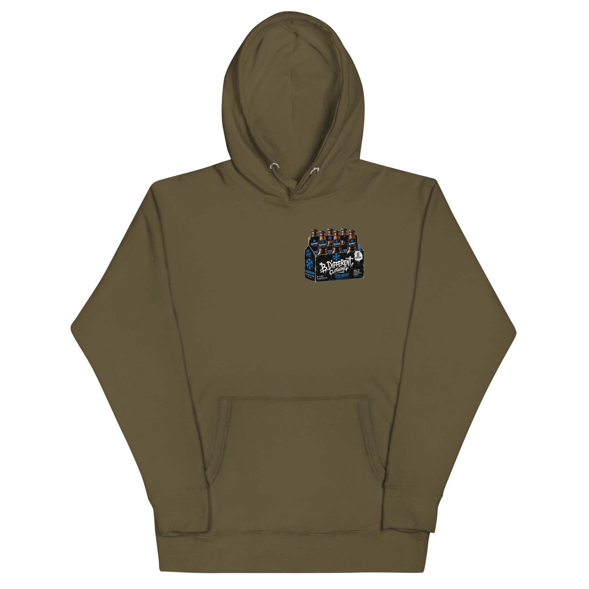 Army Green-Six Pack Beer Graffiti Hoodie from B.Different Clothing, front view, graffiti-inspired streetwear