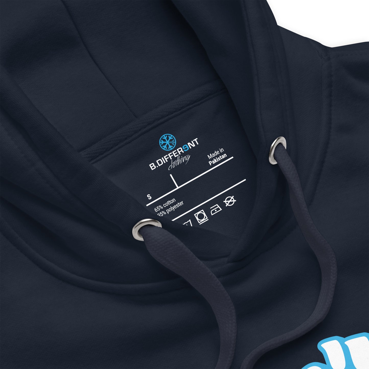 Navy-Weirdo Hoodie from B.Different Clothing, detail view, graffiti-inspired streetwear