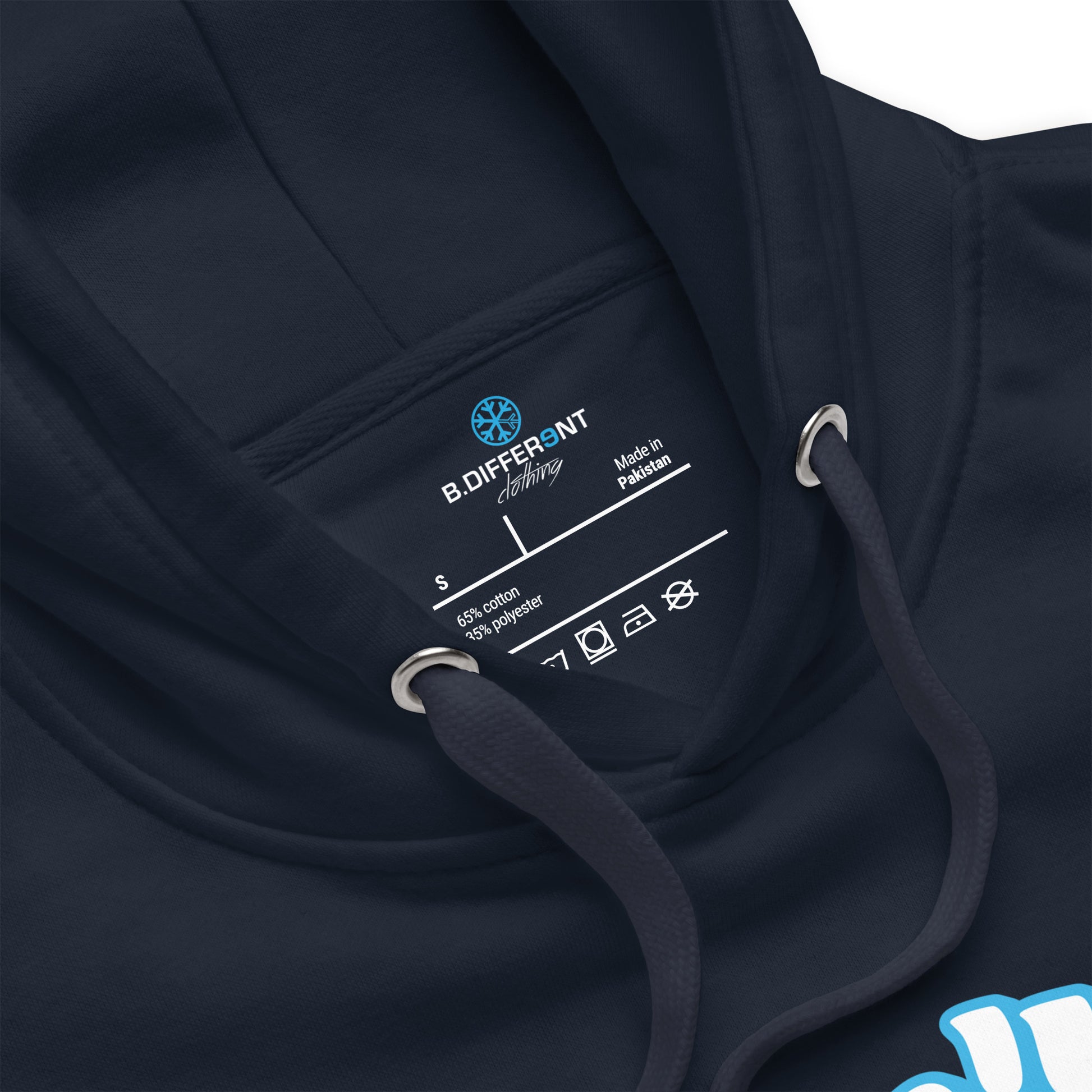 Navy-Weirdo Hoodie from B.Different Clothing, detail view, graffiti-inspired streetwear