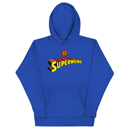 Blue-Superweird Hoodie from B.Different Clothing, front view, graffiti-inspired streetwear