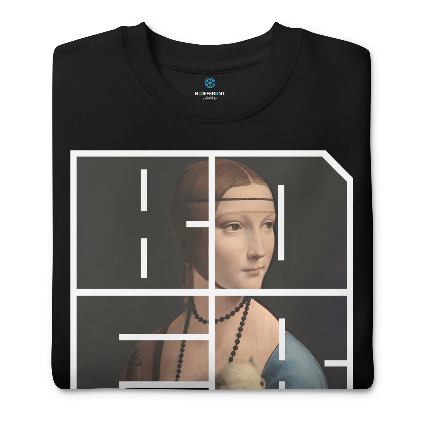 black-bdfrnt-blockbuster-graffiti-piece-lady-with-ermine-sweatshirt-front-by-b.different-clothing-graffiti-inspired-independent-streetwear-brand