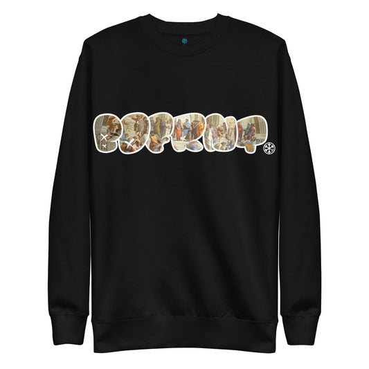 Black-BDFRNT Throwie x School of Athens Graffiti Sweatshirt from B.Different Clothing, front view, graffiti-inspired streetwear