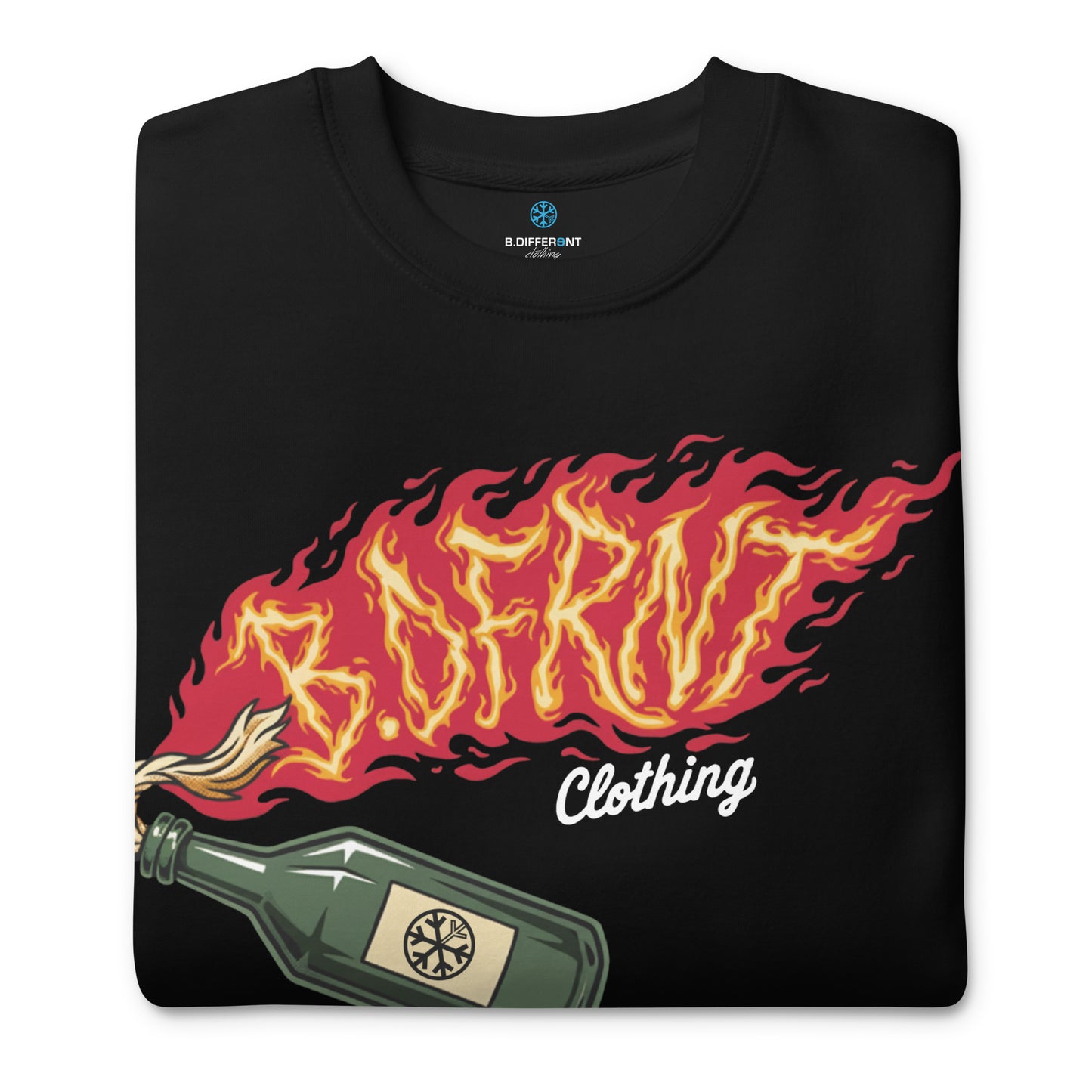 Black-Molotov Graffiti Sweatshirt from B.Different Clothing, folded, graffiti-inspired streetwear