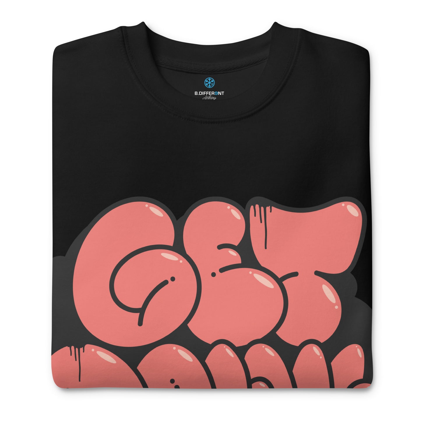 Black-Get Down Graffiti Throw-up Sweatshirt from B.Different Clothing, folded, graffiti-inspired streetwear