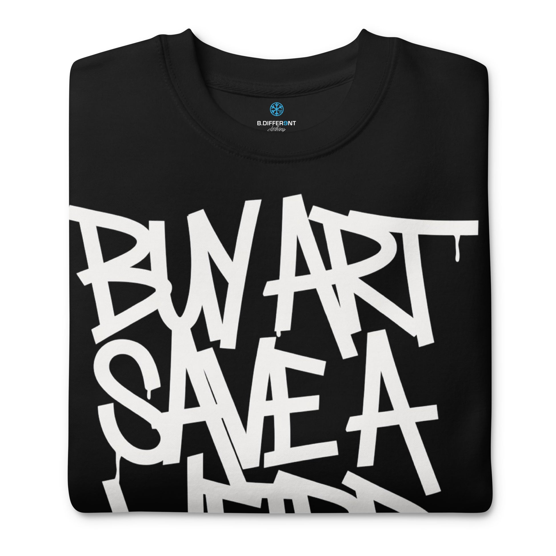 Black-Buy Art Save a Weird Person Graffiti Sweatshirt from B.Different Clothing, folded, graffiti-inspired streetwear