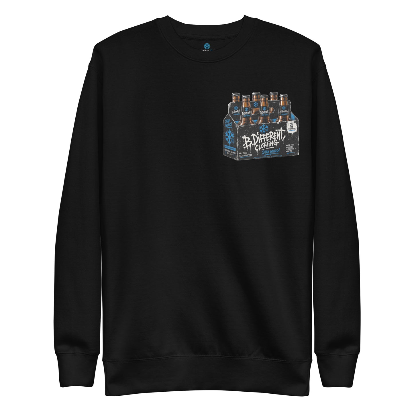 Black-Six Pack Beer Graffiti Sweatshirt from B.Different Clothing, front view, graffiti-inspired streetwear