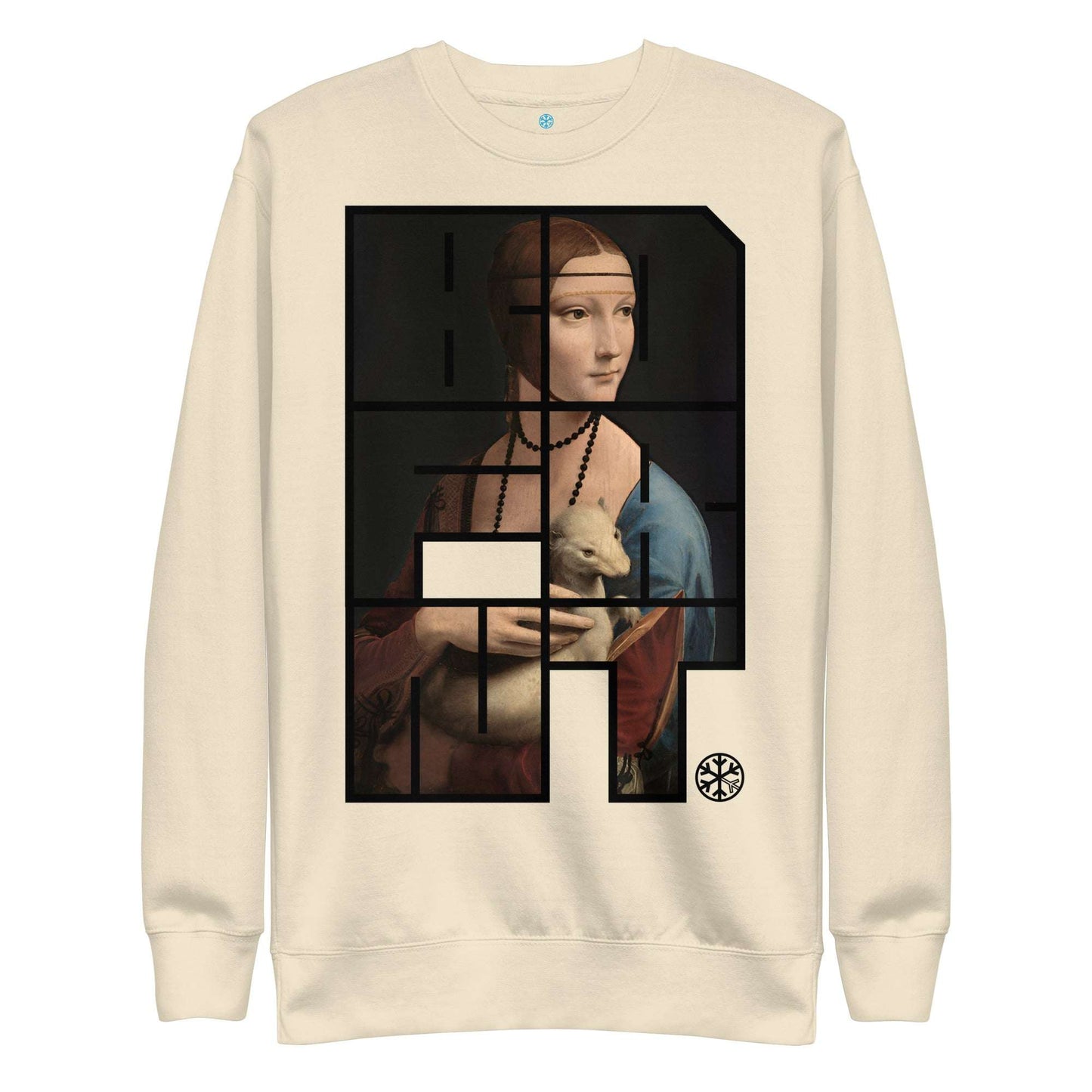 beige-bdfrnt-blockbuster-graffiti-piece-lady-with-ermine-sweatshirt-front-by-b.different-clothing-graffiti-inspired-independent-streetwear-brand