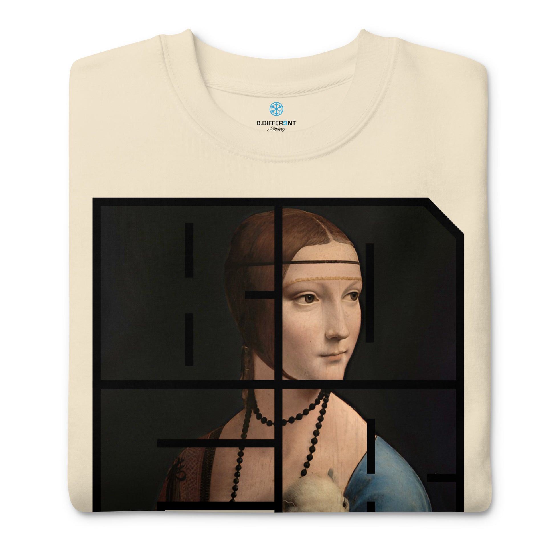 beige-bdfrnt-blockbuster-graffiti-piece-lady-with-ermine-sweatshirt-front-by-b.different-clothing-graffiti-inspired-independent-streetwear-brand