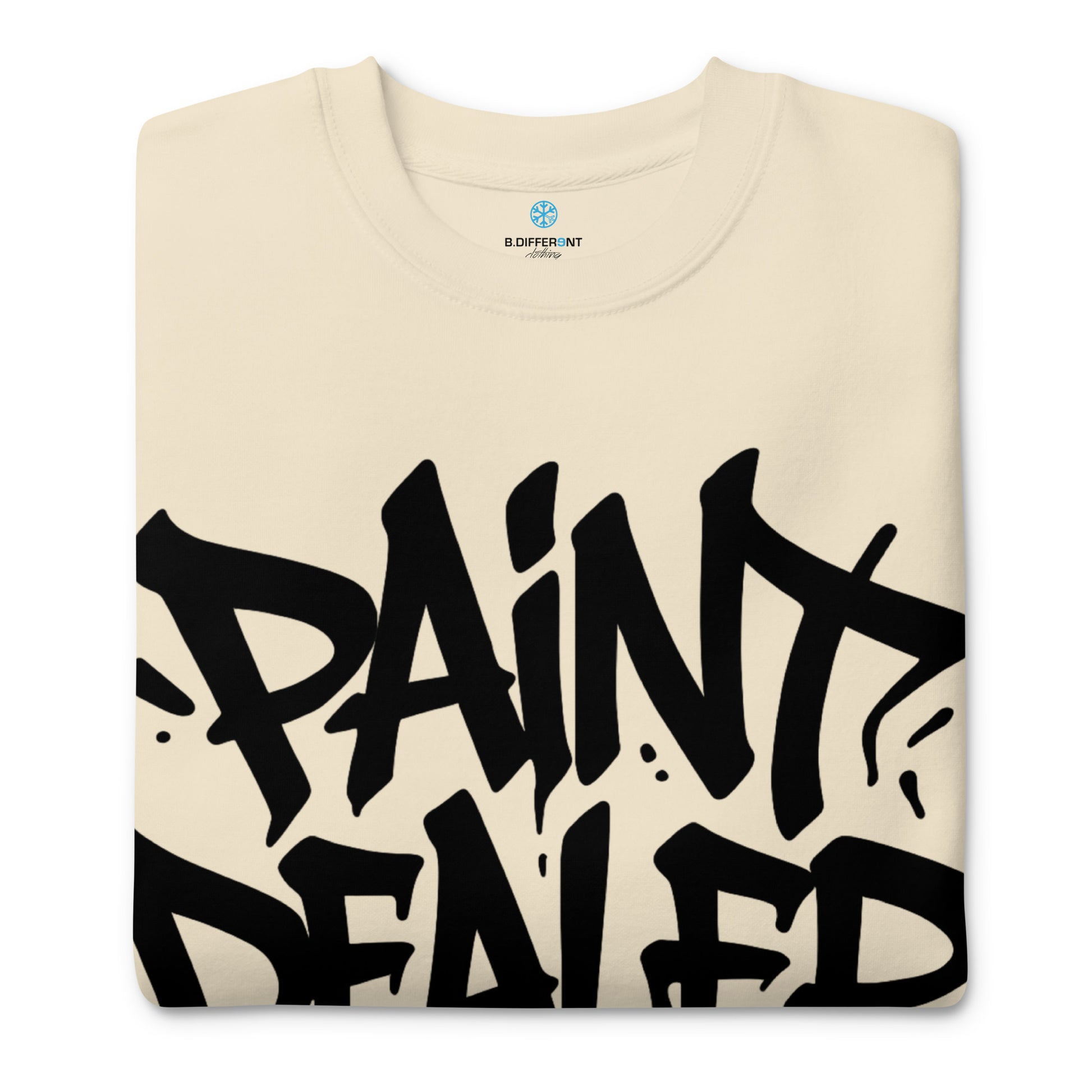 Beige-Paint Dealer Graffiti Tag Sweatshirt from B.Different Clothing, folded, graffiti-inspired streetwear