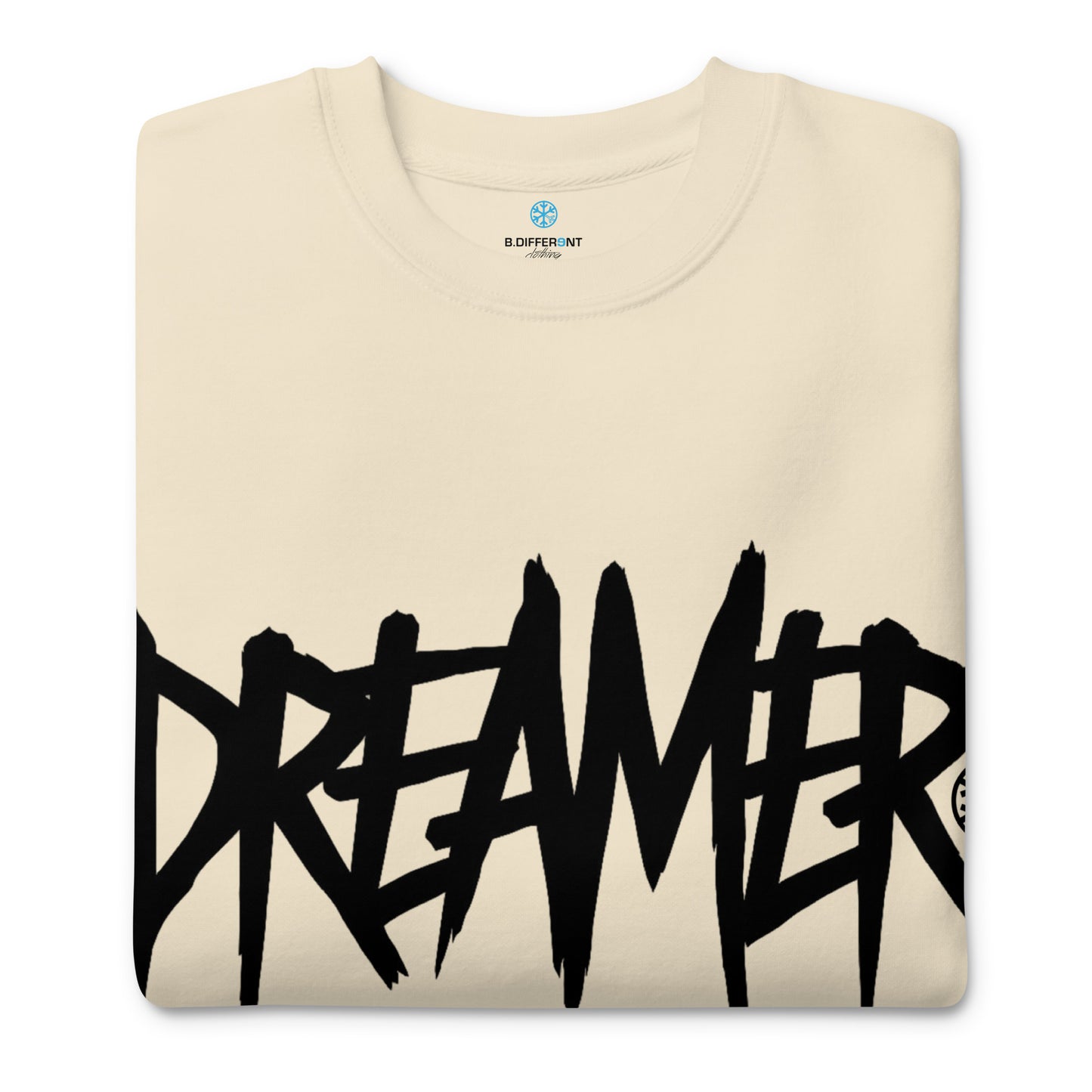 Beige-Dreamer Graffiti Tag Sweatshirt from B.Different Clothing, folded, graffiti-inspired streetwear