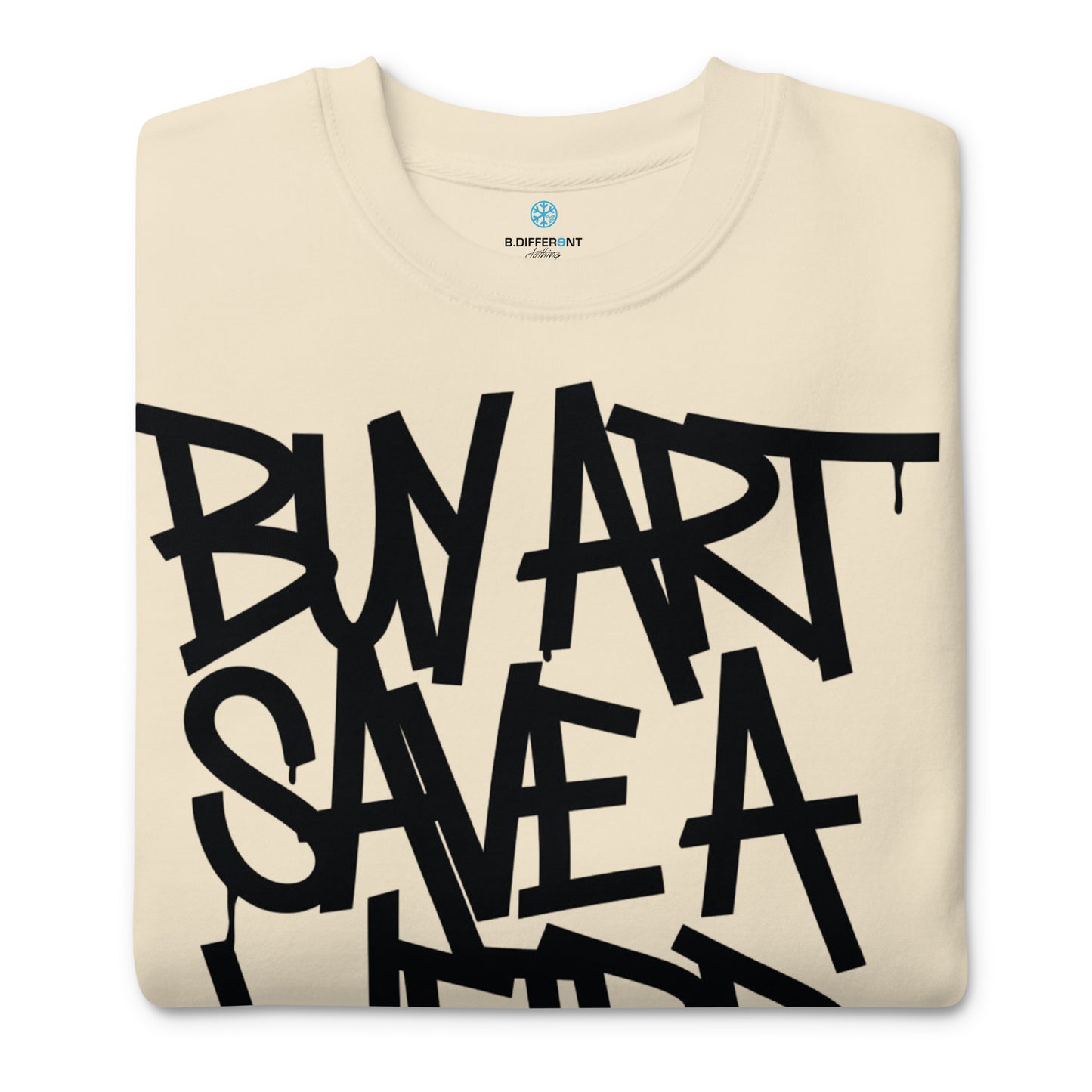 Beige-Buy Art Save a Weird Person Graffiti Sweatshirt from B.Different Clothing, folded, graffiti-inspired streetwear