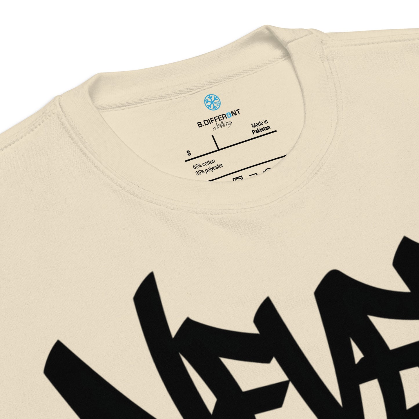Beige-Never Grow Up Graffiti Sweatshirt from B.Different Clothing, collar, graffiti-inspired streetwear