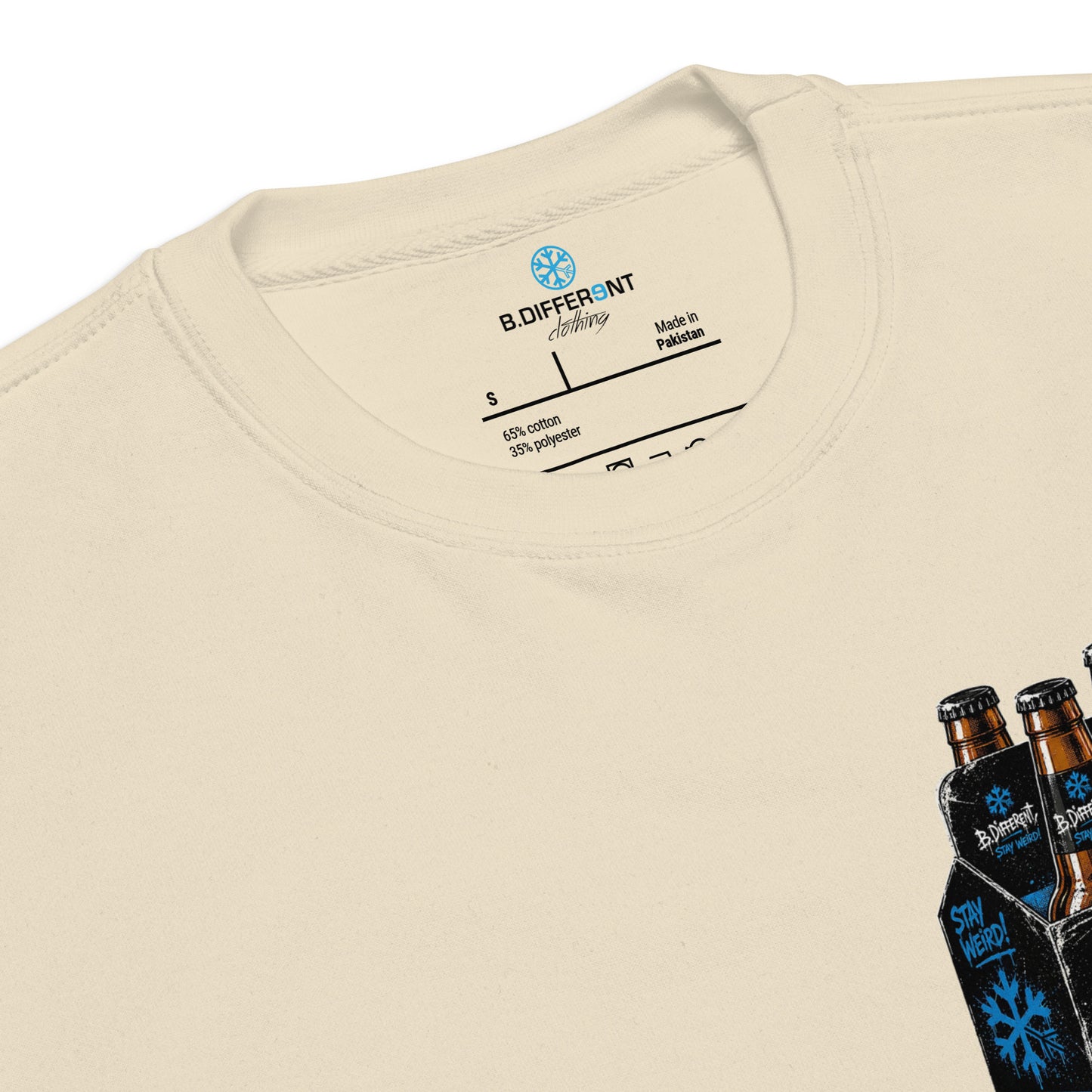Beige-Six Pack Beer Graffiti Sweatshirt from B.Different Clothing, collar, graffiti-inspired streetwear