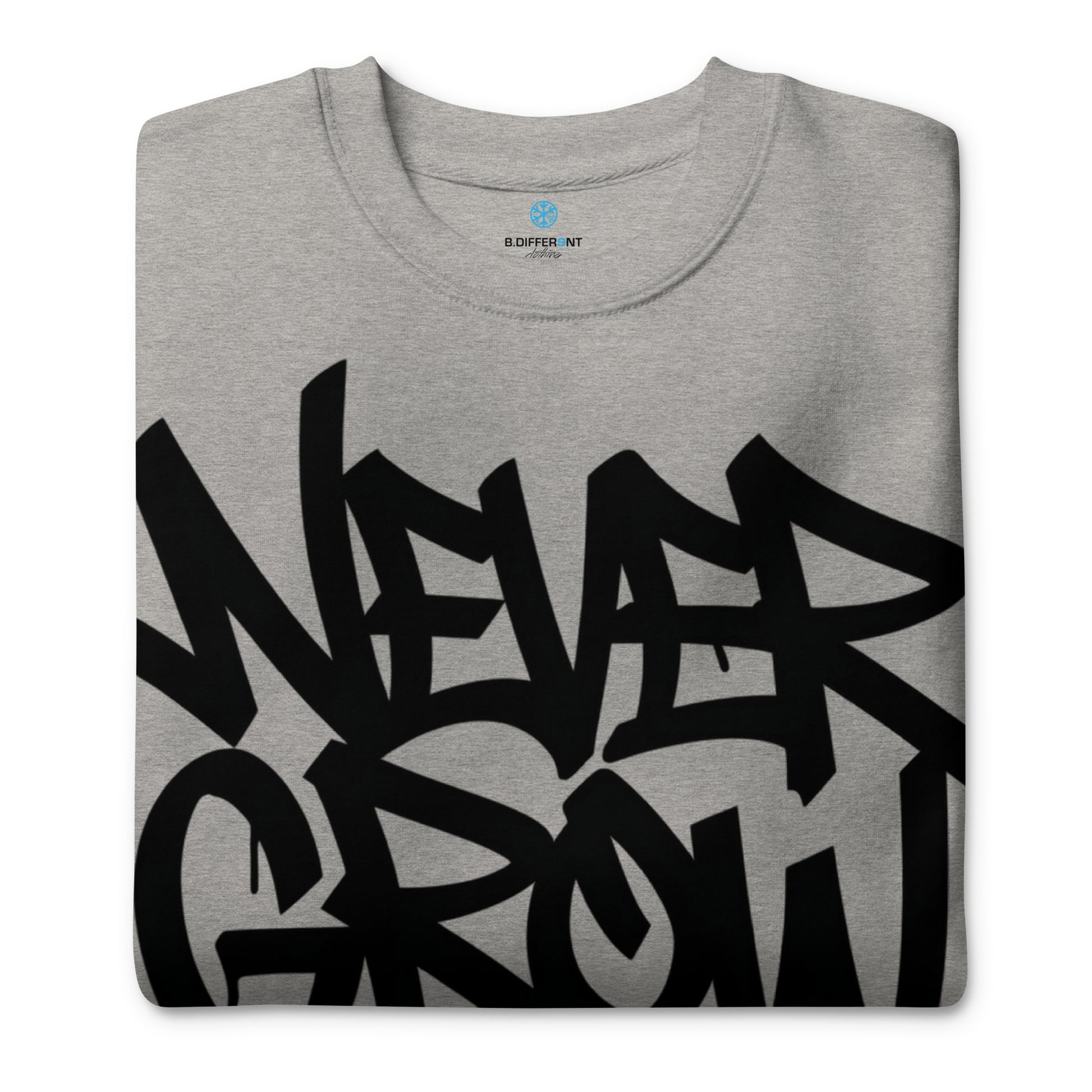 Gray-Never Grow Up Graffiti Sweatshirt from B.Different Clothing, folded, graffiti-inspired streetwear