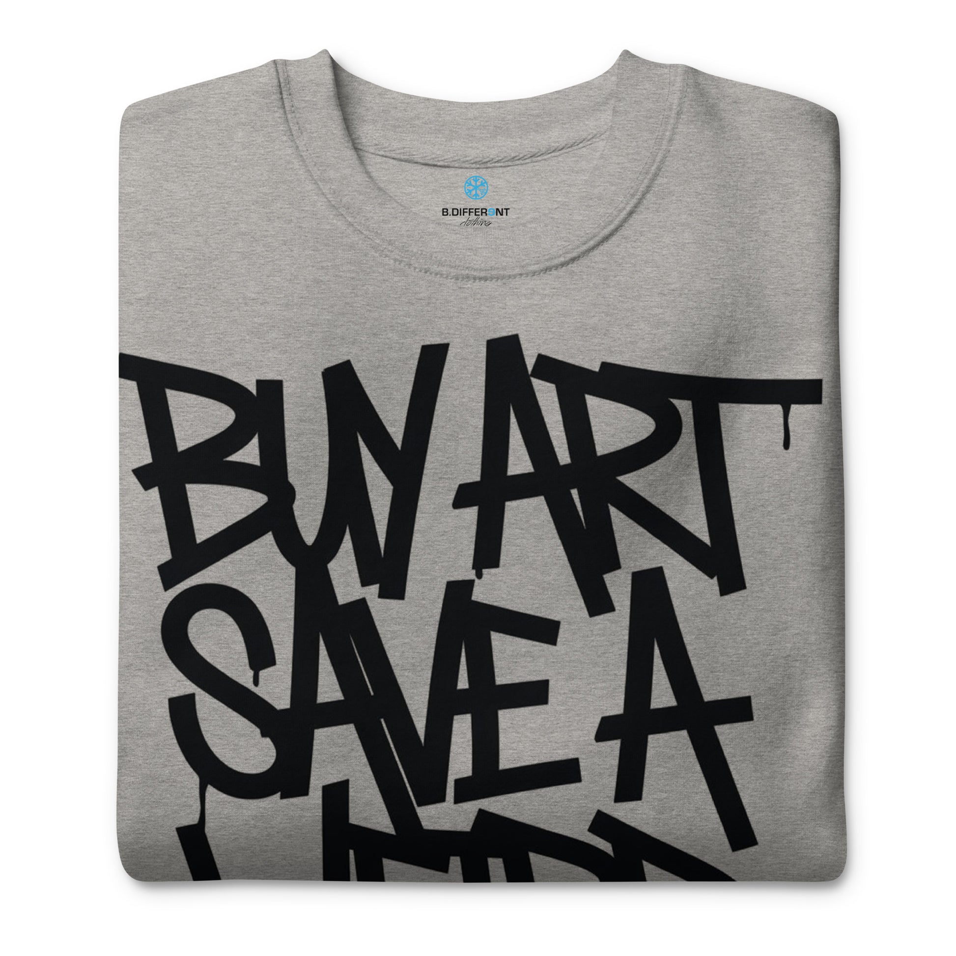 Gray-Buy Art Save a Weird Person Graffiti Sweatshirt from B.Different Clothing, folded, graffiti-inspired streetwear