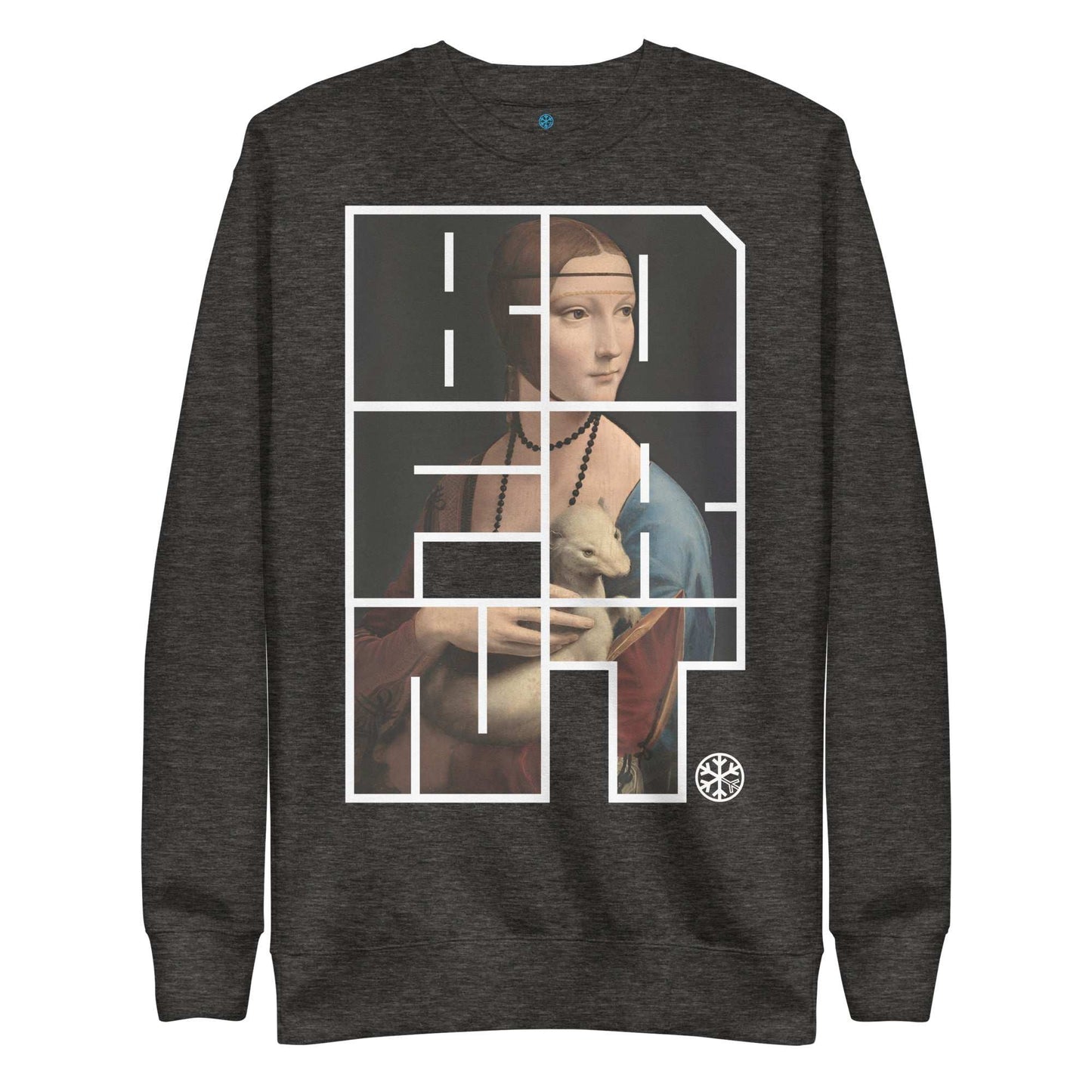 darkgray-bdfrnt-blockbuster-graffiti-piece-lady-with-ermine-sweatshirt-dark-front-by-b.different-clothing-graffiti-inspired-independent-streetwear-brand