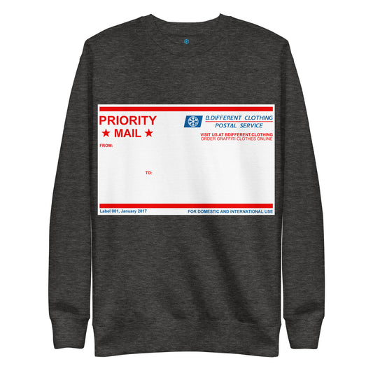 Darkgray-Priority Mail Graffiti Sweatshirt from B.Different Clothing, front view, graffiti-inspired streetwear