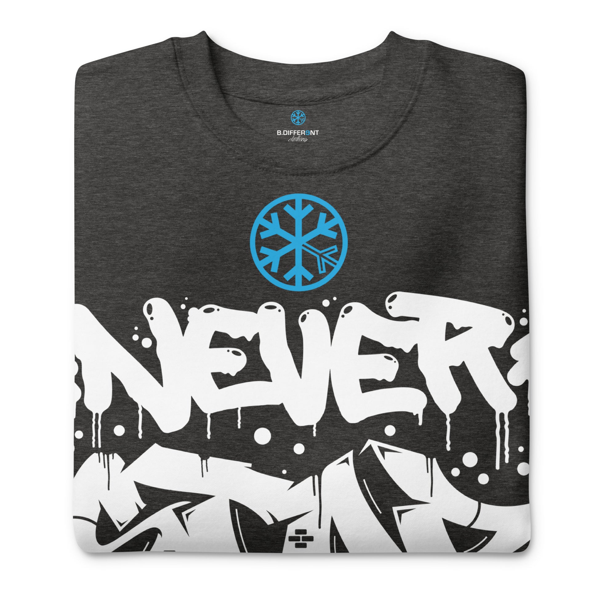 Darkgray-Never Stop Graffiti Piece Sweatshirt from B.Different Clothing, folded, graffiti-inspired streetwear