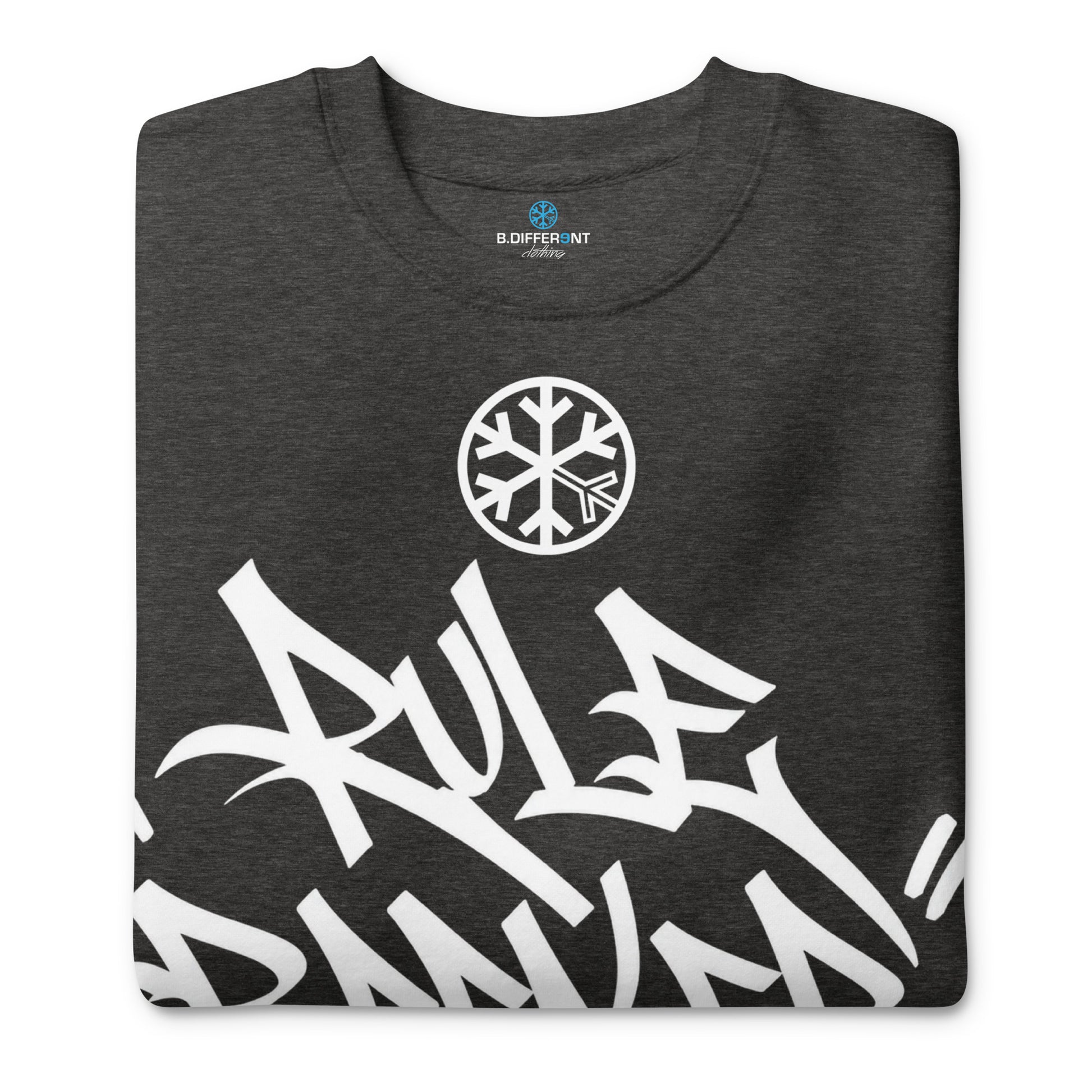 Charcoal Heather-Rule Breaker Graffiti Tag Sweatshirt from B.Different Clothing, folded, graffiti-inspired streetwear