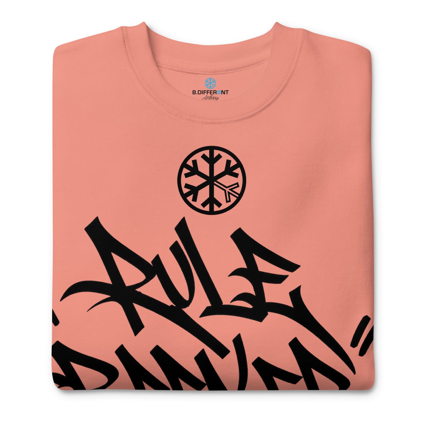 Dusty Rose-Rule Breaker Graffiti Tag Sweatshirt from B.Different Clothing, folded, graffiti-inspired streetwear