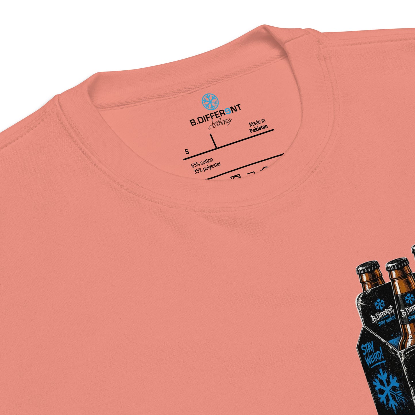 Pink-Six Pack Beer Graffiti Sweatshirt from B.Different Clothing, collar, graffiti-inspired streetwear