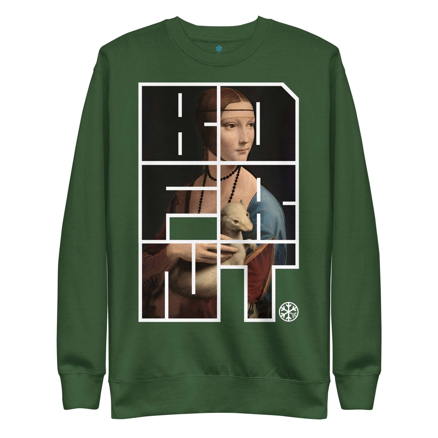 green-bdfrnt-blockbuster-graffiti-piece-lady-with-ermine-sweatshirt-front-by-b.different-clothing-graffiti-inspired-independent-streetwear-brand