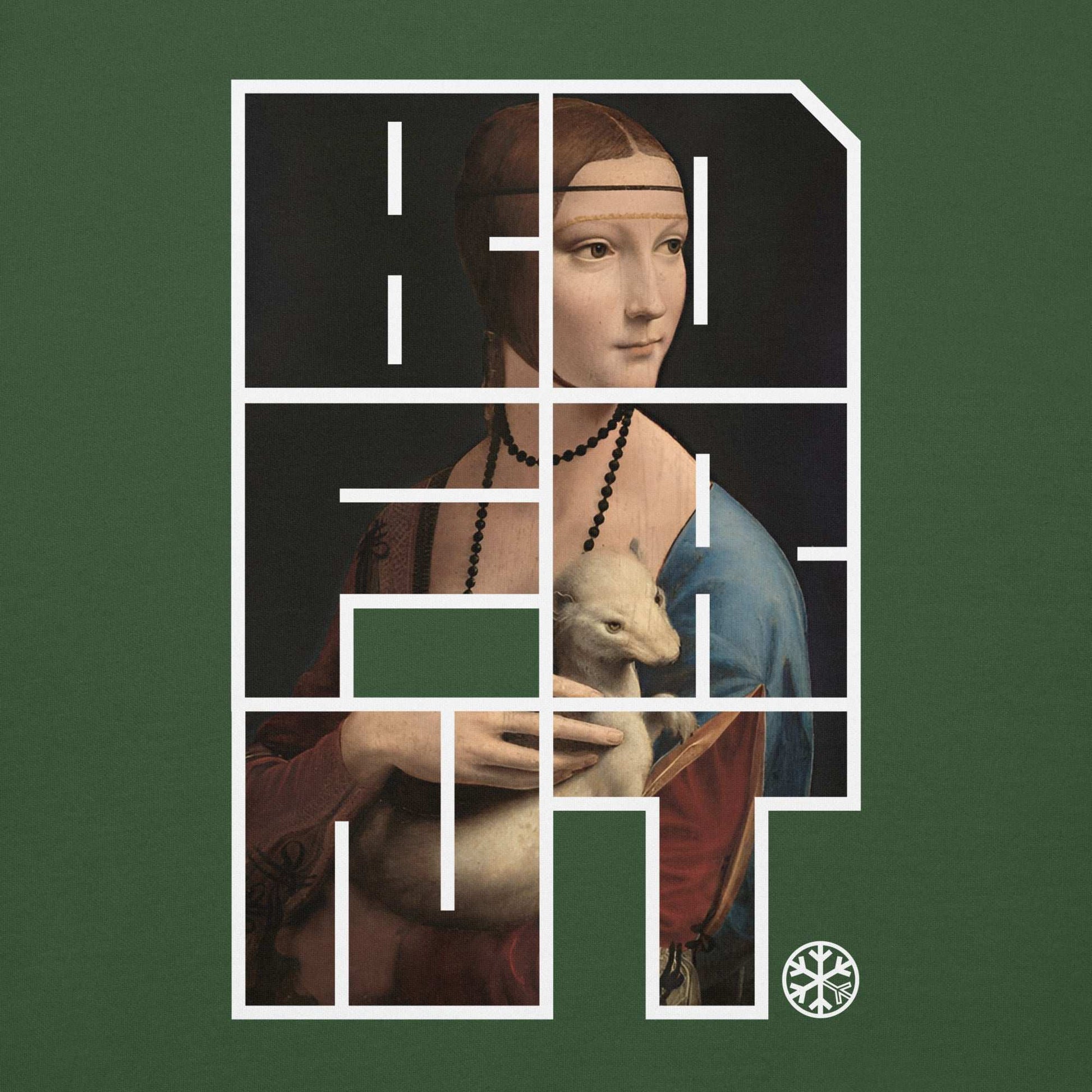green-bdfrnt-blockbuster-graffiti-piece-lady-with-ermine-sweatshirt-front-by-b.different-clothing-graffiti-inspired-independent-streetwear-brand