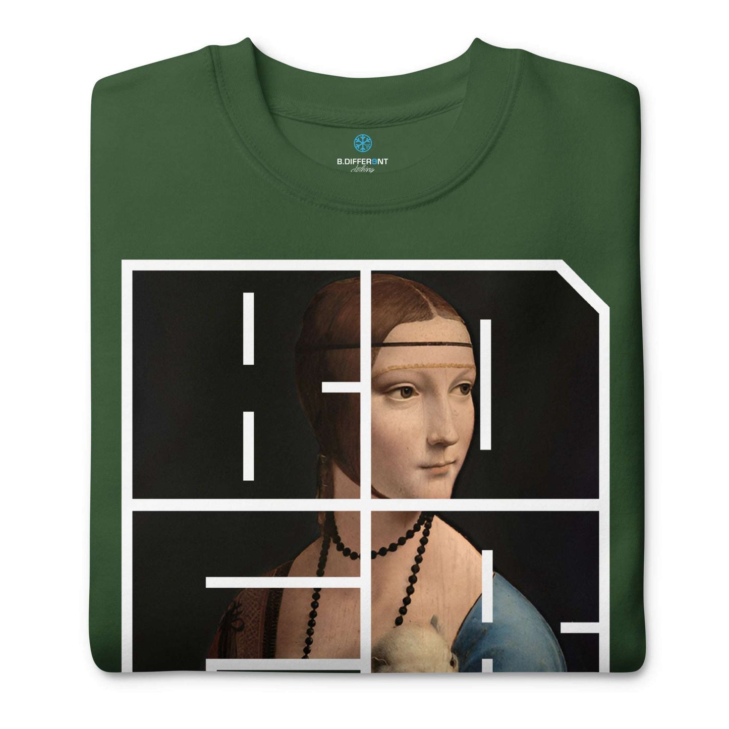green-bdfrnt-blockbuster-graffiti-piece-lady-with-ermine-sweatshirt-front-by-b.different-clothing-graffiti-inspired-independent-streetwear-brand