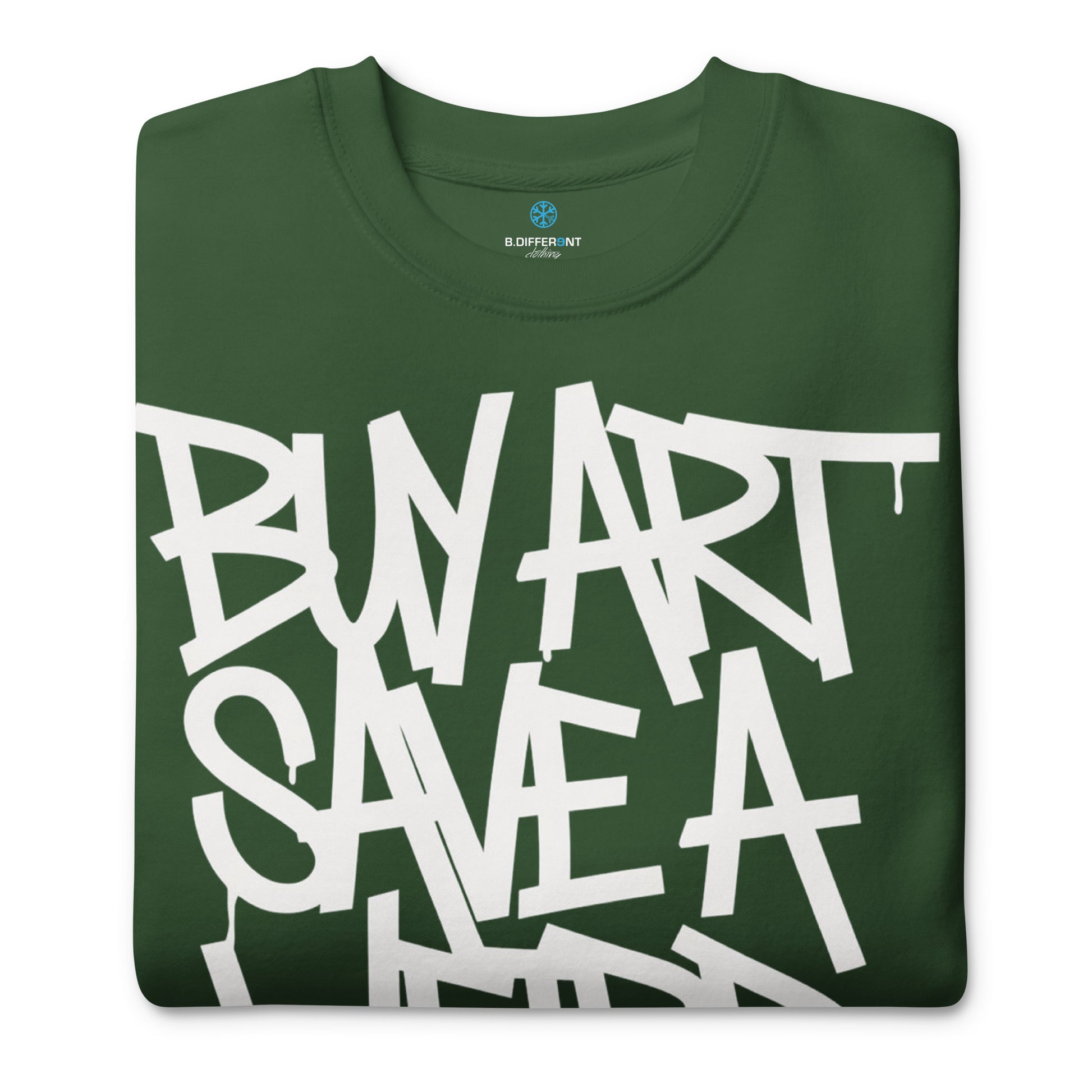 Green-Buy Art Save a Weird Person Graffiti Sweatshirt from B.Different Clothing, folded, graffiti-inspired streetwear