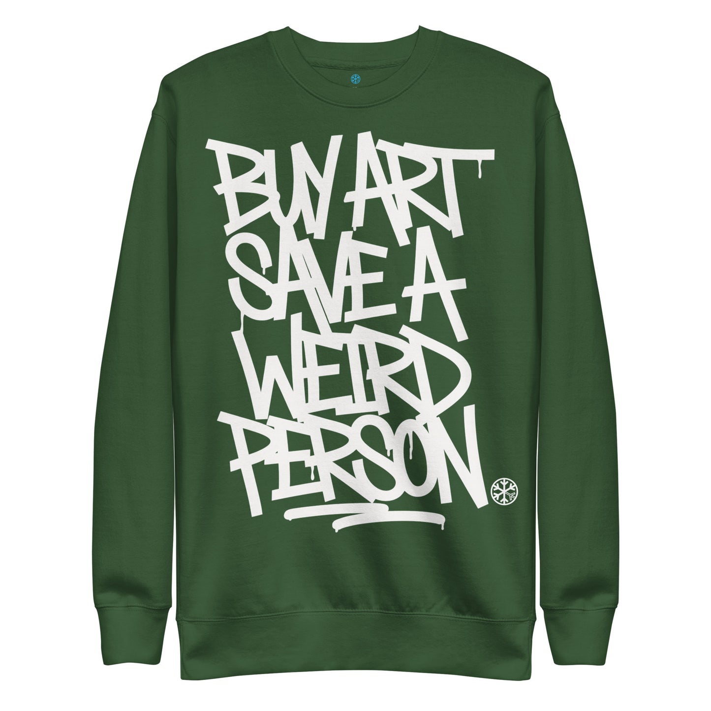 Green-Buy Art Save a Weird Person Graffiti Sweatshirt from B.Different Clothing, front view, graffiti-inspired streetwear