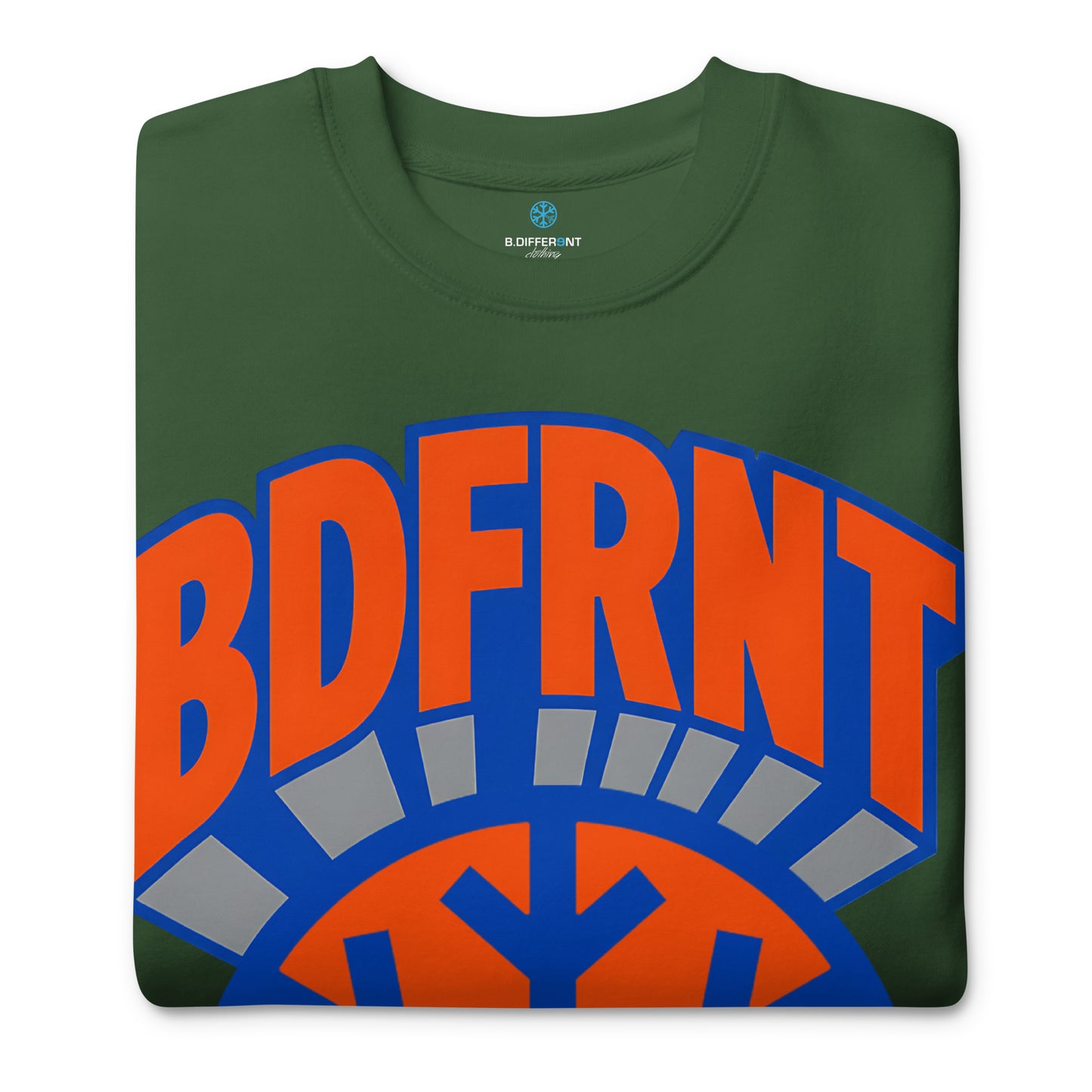 Green-BDFRNT Logo 1989 Sweatshirt from B.Different Clothing, folded, graffiti-inspired streetwear