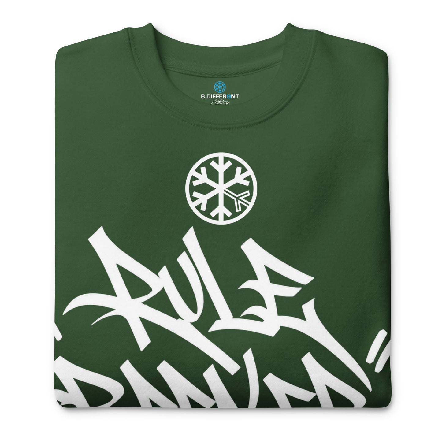 Forest Green-Rule Breaker Graffiti Tag Sweatshirt from B.Different Clothing, folded, graffiti-inspired streetwear