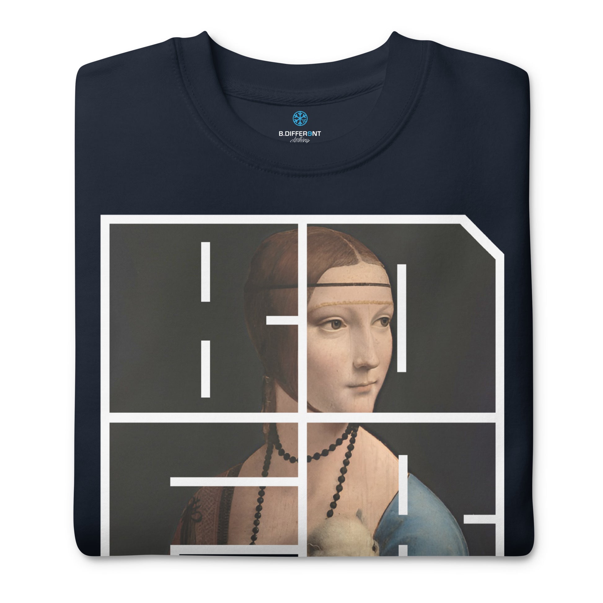 navy-bdfrnt-blockbuster-graffiti-piece-lady-with-ermine-sweatshirt-front-by-b.different-clothing-graffiti-inspired-independent-streetwear-brand