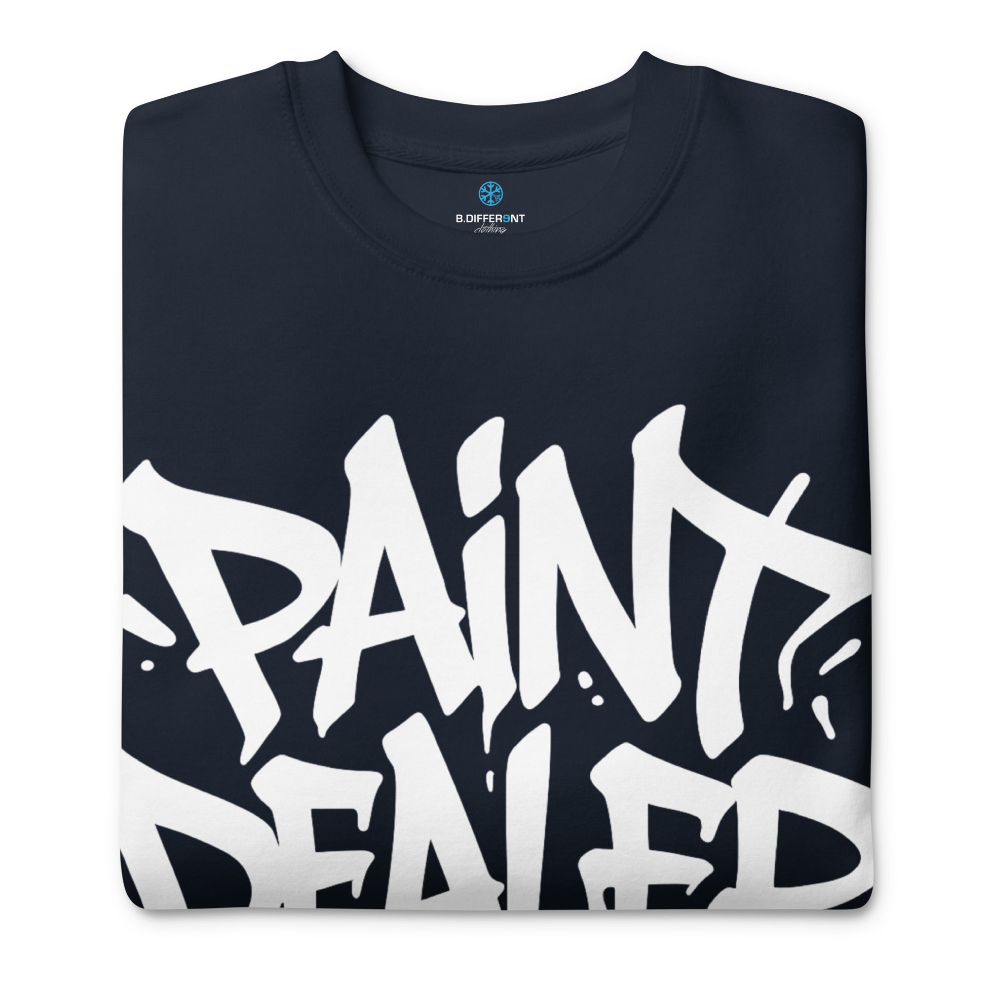 Navy-Paint Dealer Graffiti Tag Sweatshirt from B.Different Clothing, folded, graffiti-inspired streetwear
