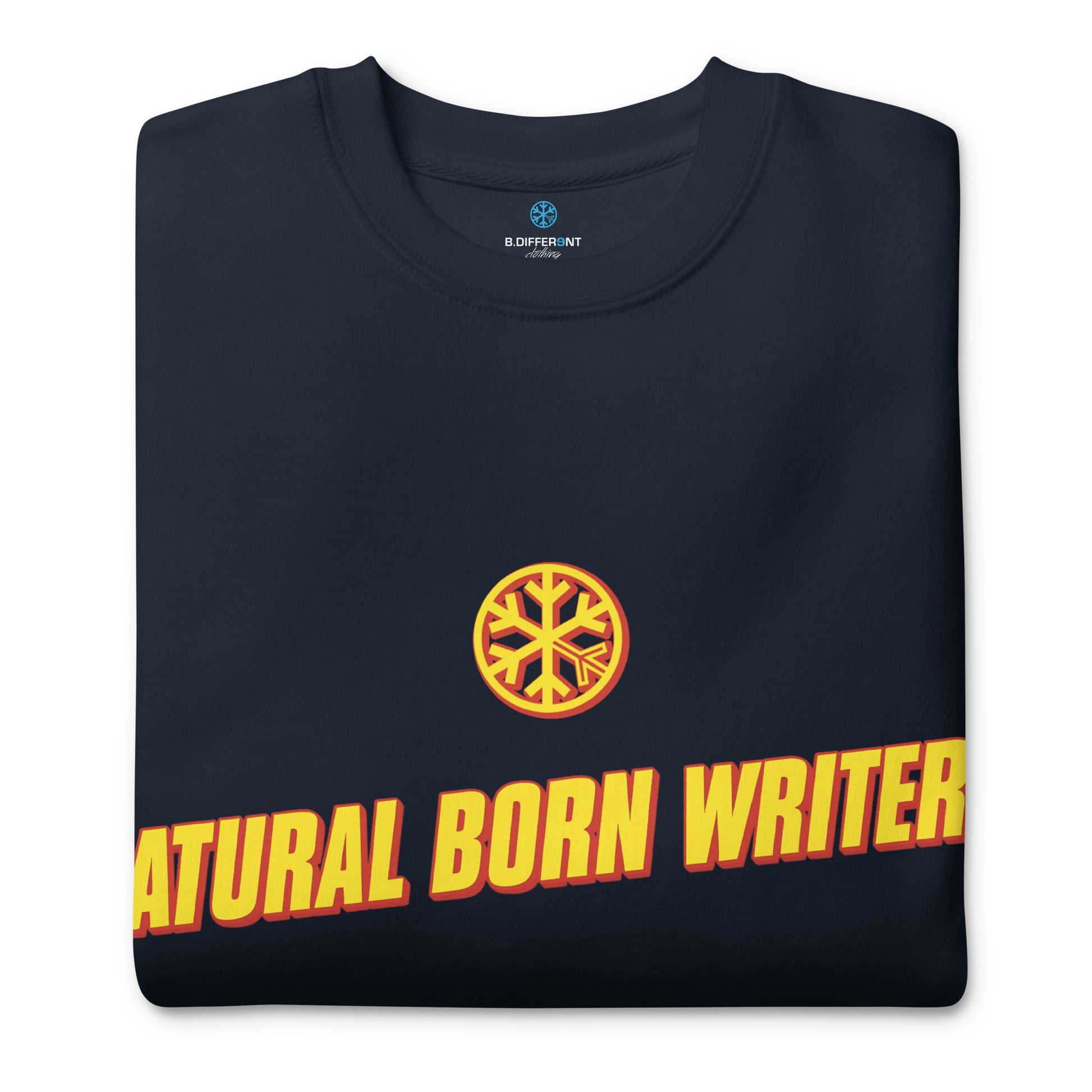 Navy-Natural Born Writers Graffiti Sweatshirt from B.Different Clothing, folded, graffiti-inspired streetwear
