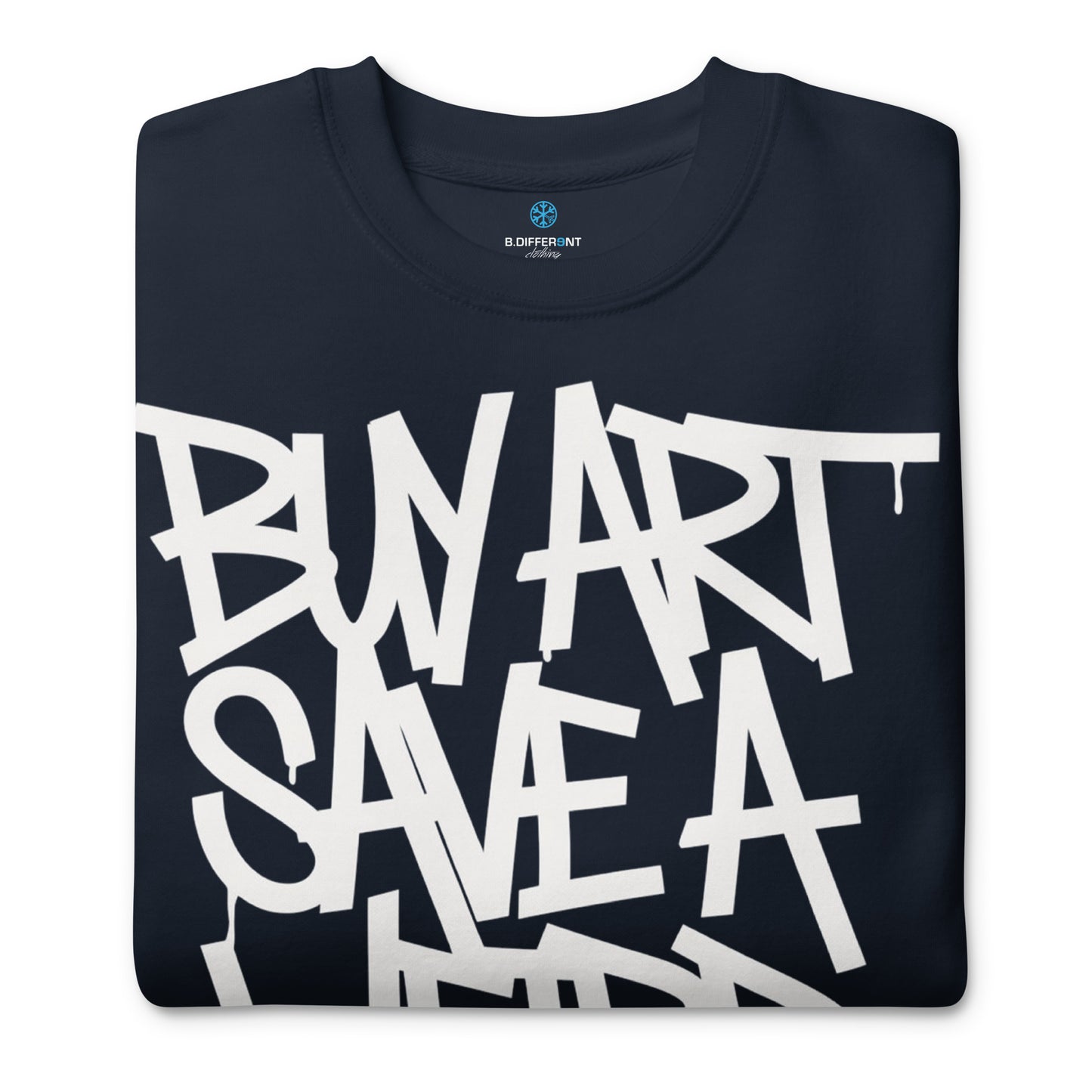 Navy-Buy Art Save a Weird Person Graffiti Sweatshirt from B.Different Clothing, folded, graffiti-inspired streetwear