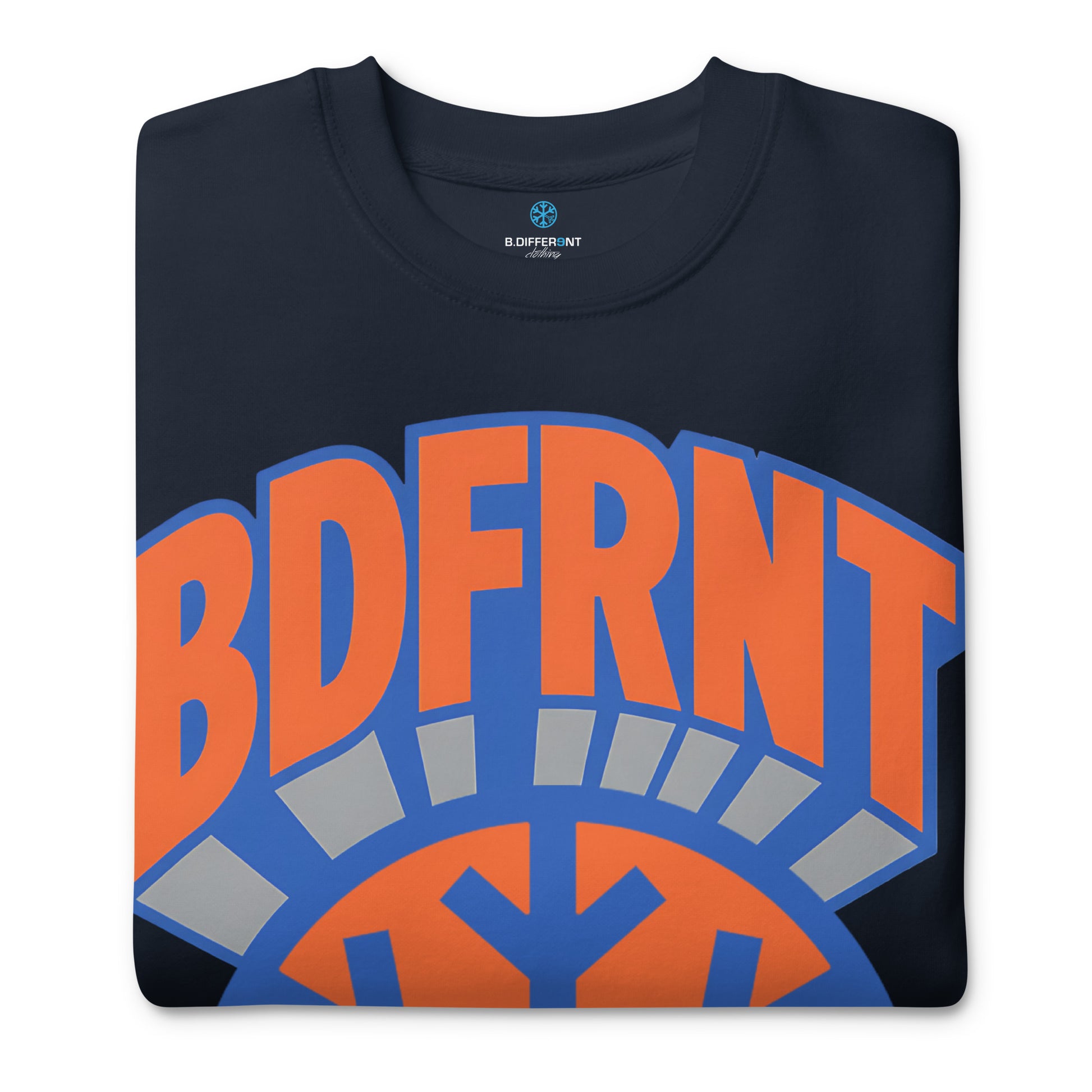 Navy-BDFRNT Logo 1989 Sweatshirt from B.Different Clothing, folded, graffiti-inspired streetwear