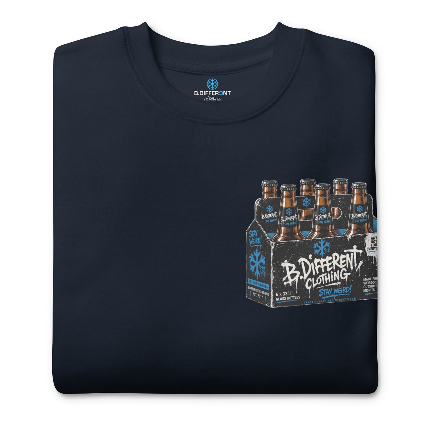 Navy-Six Pack Beer Graffiti Sweatshirt from B.Different Clothing, folded, graffiti-inspired streetwear