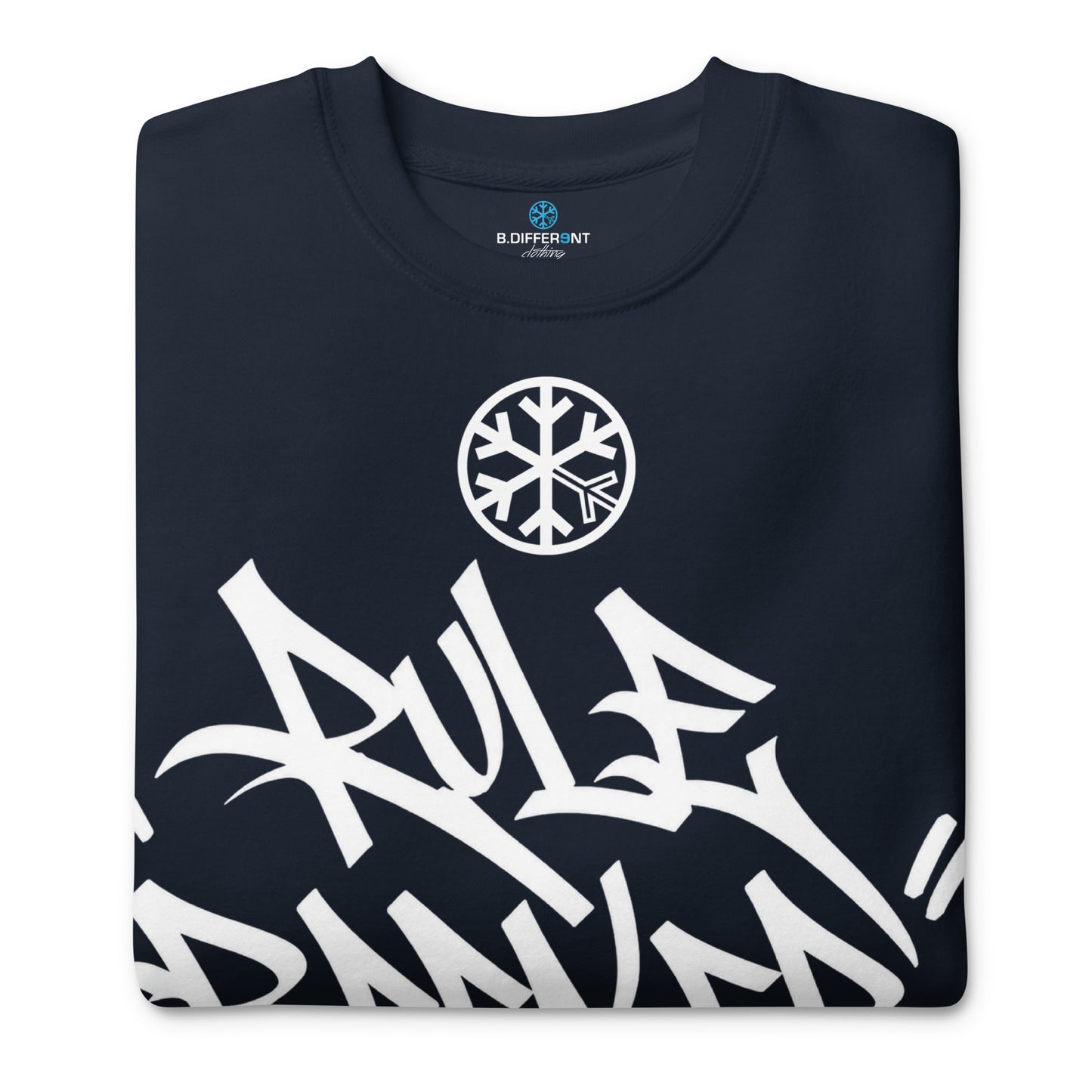 Navy Blazer-Rule Breaker Graffiti Tag Sweatshirt from B.Different Clothing, folded, graffiti-inspired streetwear