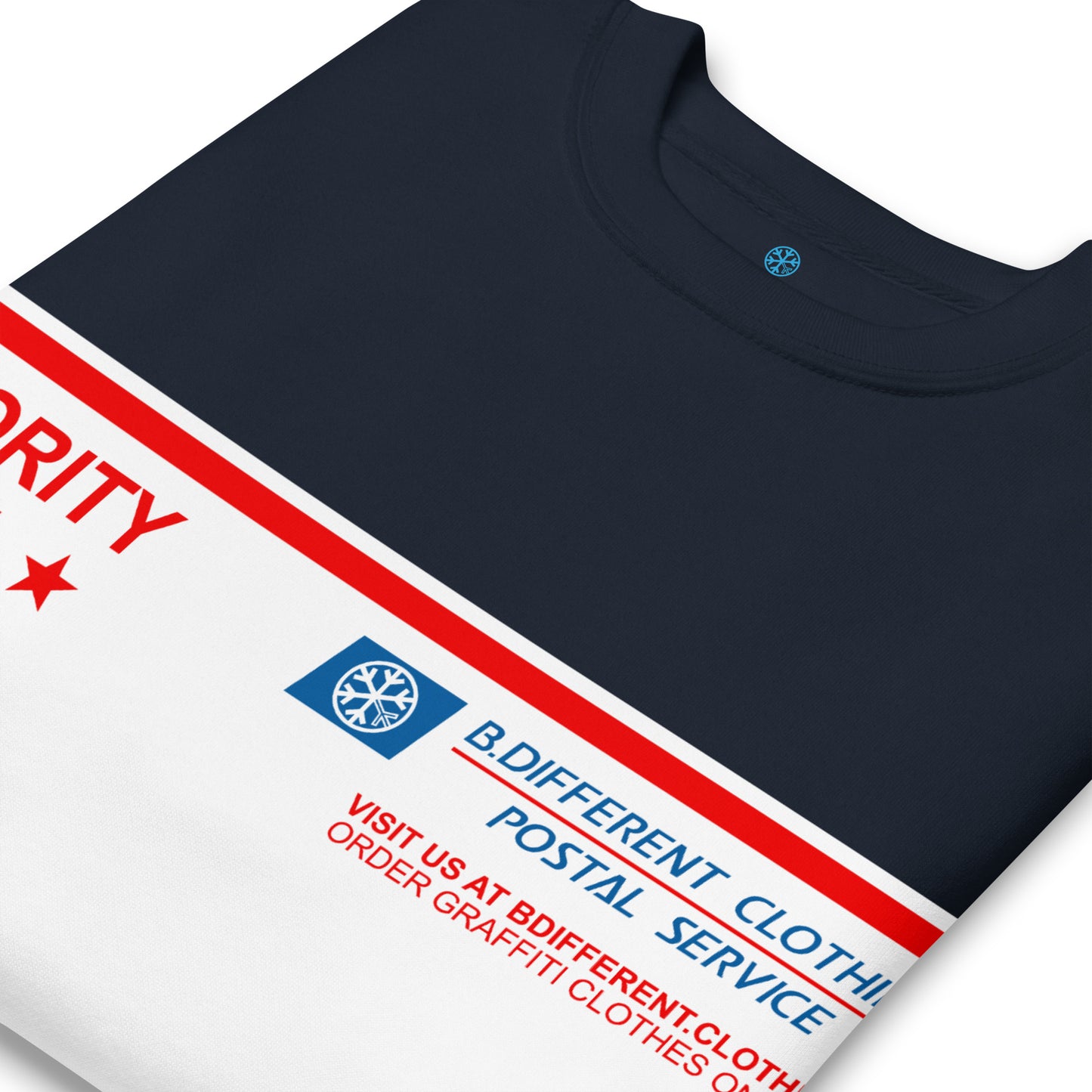 Navy-Priority Mail Graffiti Sweatshirt from B.Different Clothing, detail, graffiti-inspired streetwear