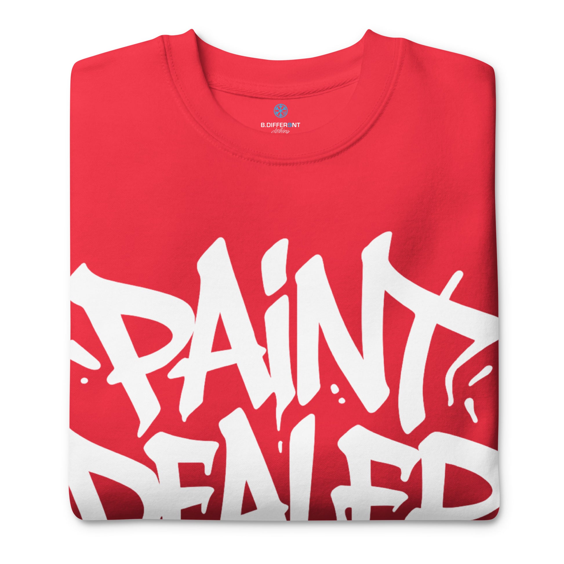 Red-Paint Dealer Graffiti Tag Sweatshirt from B.Different Clothing, folded, graffiti-inspired streetwear