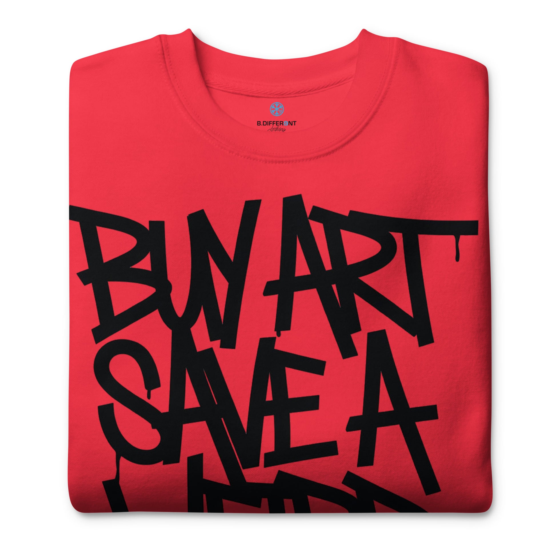 Red-Buy Art Save a Weird Person Graffiti Sweatshirt from B.Different Clothing, folded, graffiti-inspired streetwear
