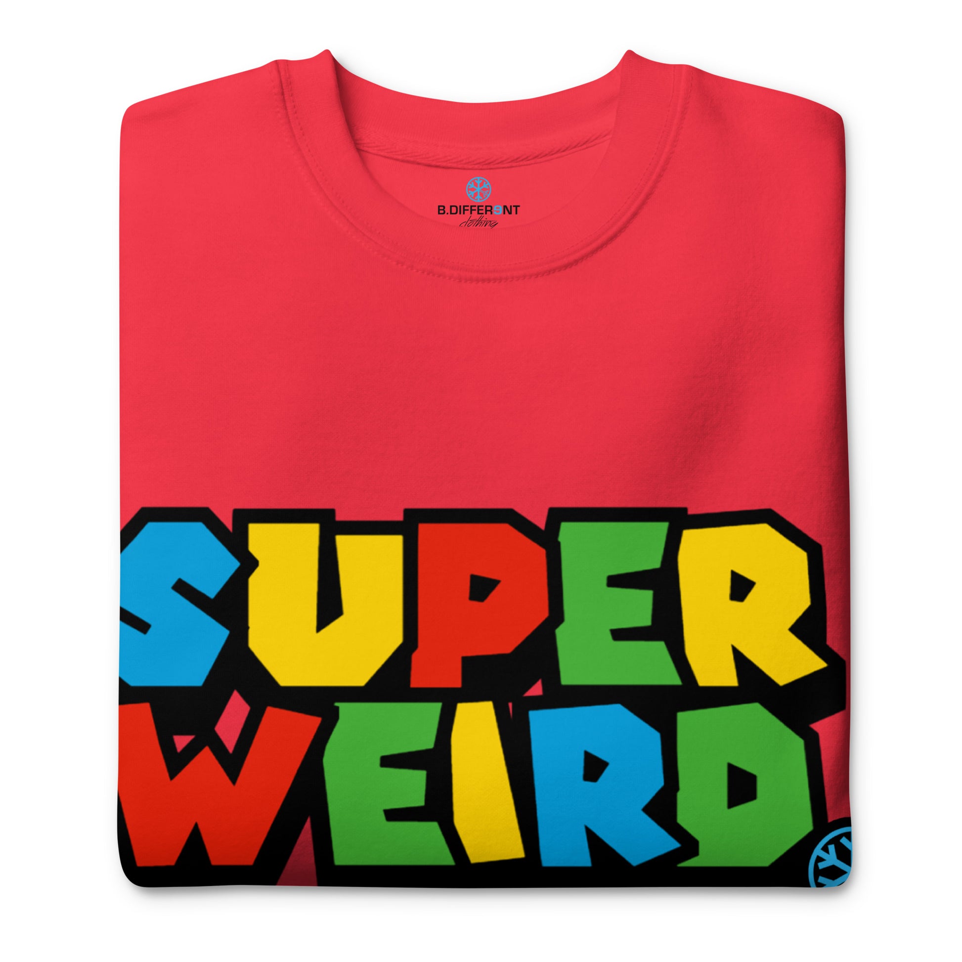 Team Red-Super Weird Bros Sweatshirt from B.Different Clothing, folded, graffiti-inspired streetwear