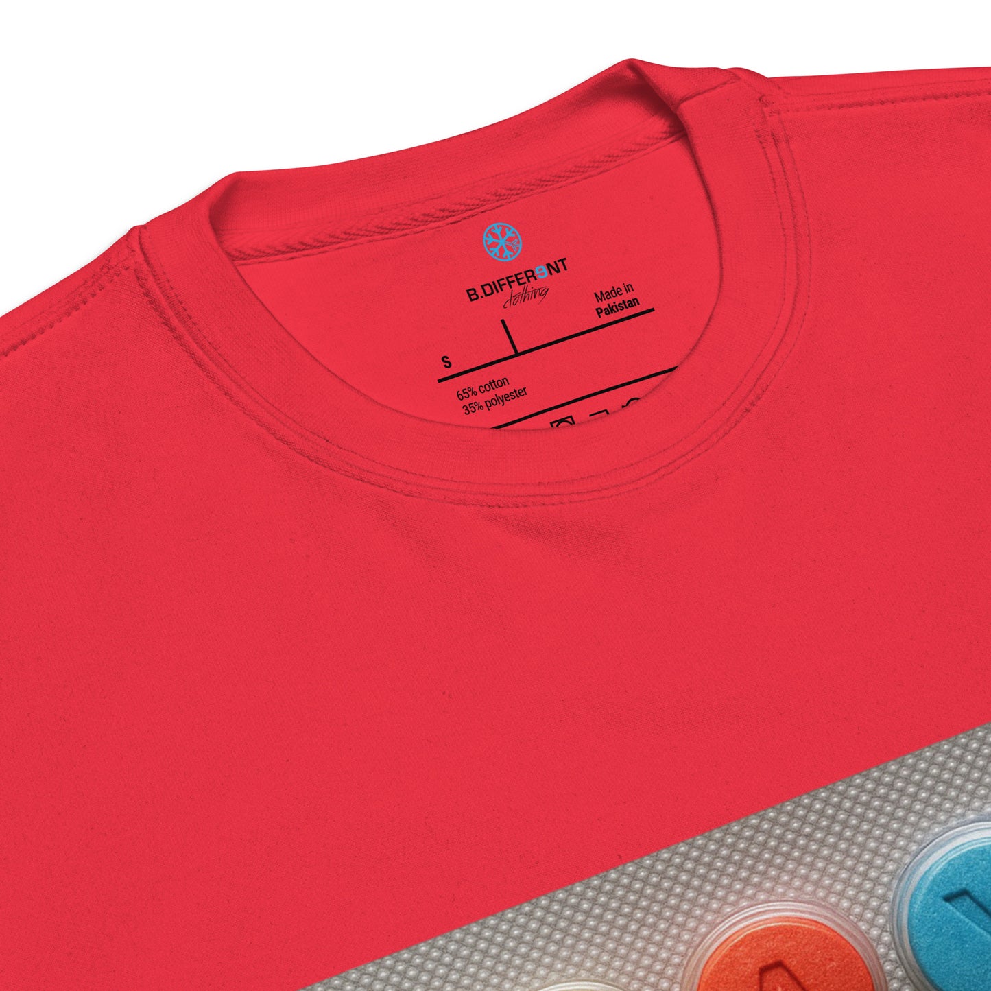 Red-Stay Weird Pills Sweatshirt from B.Different Clothing, collar, graffiti-inspired streetwear