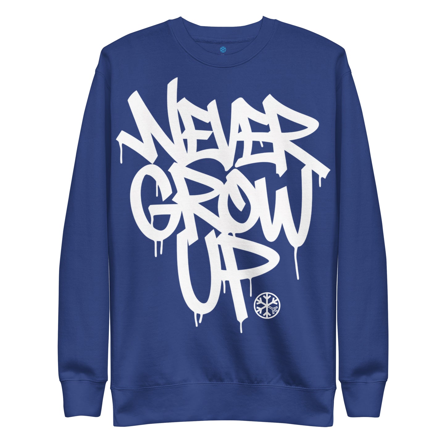 Blue-Never Grow Up Graffiti Sweatshirt from B.Different Clothing, front view, graffiti-inspired streetwear