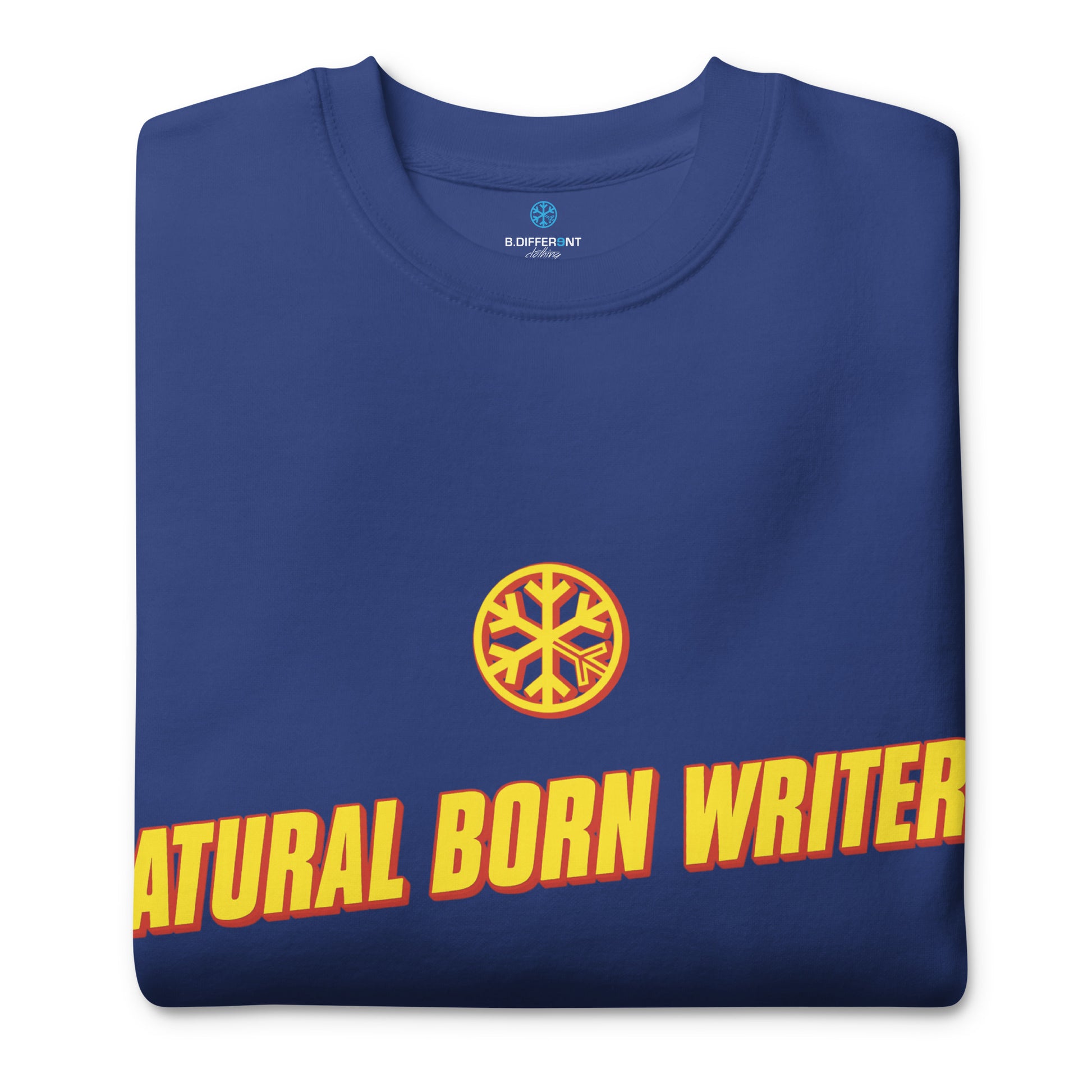 Blue-Natural Born Writers Graffiti Sweatshirt from B.Different Clothing, folded, graffiti-inspired streetwear