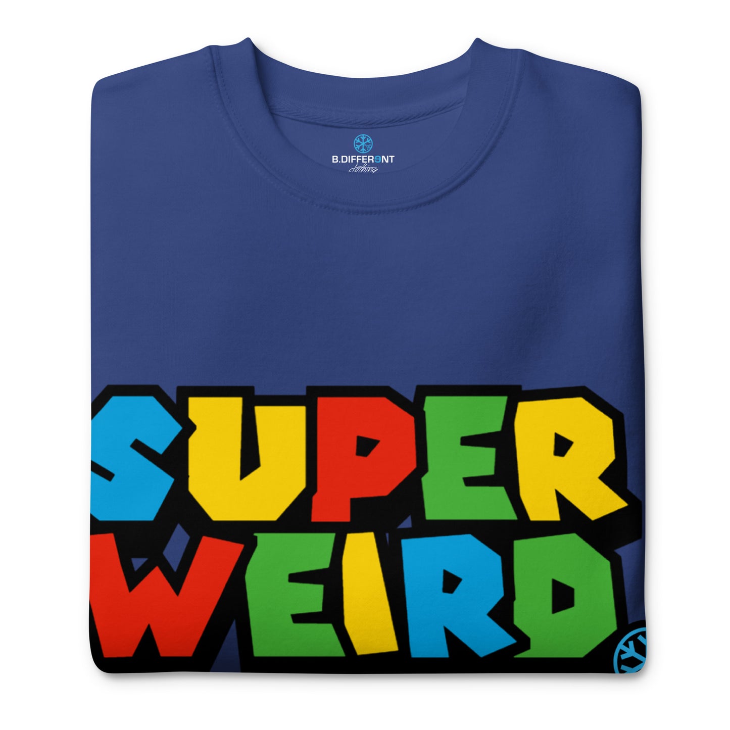 Team Royal-Super Weird Bros Sweatshirt from B.Different Clothing, folded, graffiti-inspired streetwear
